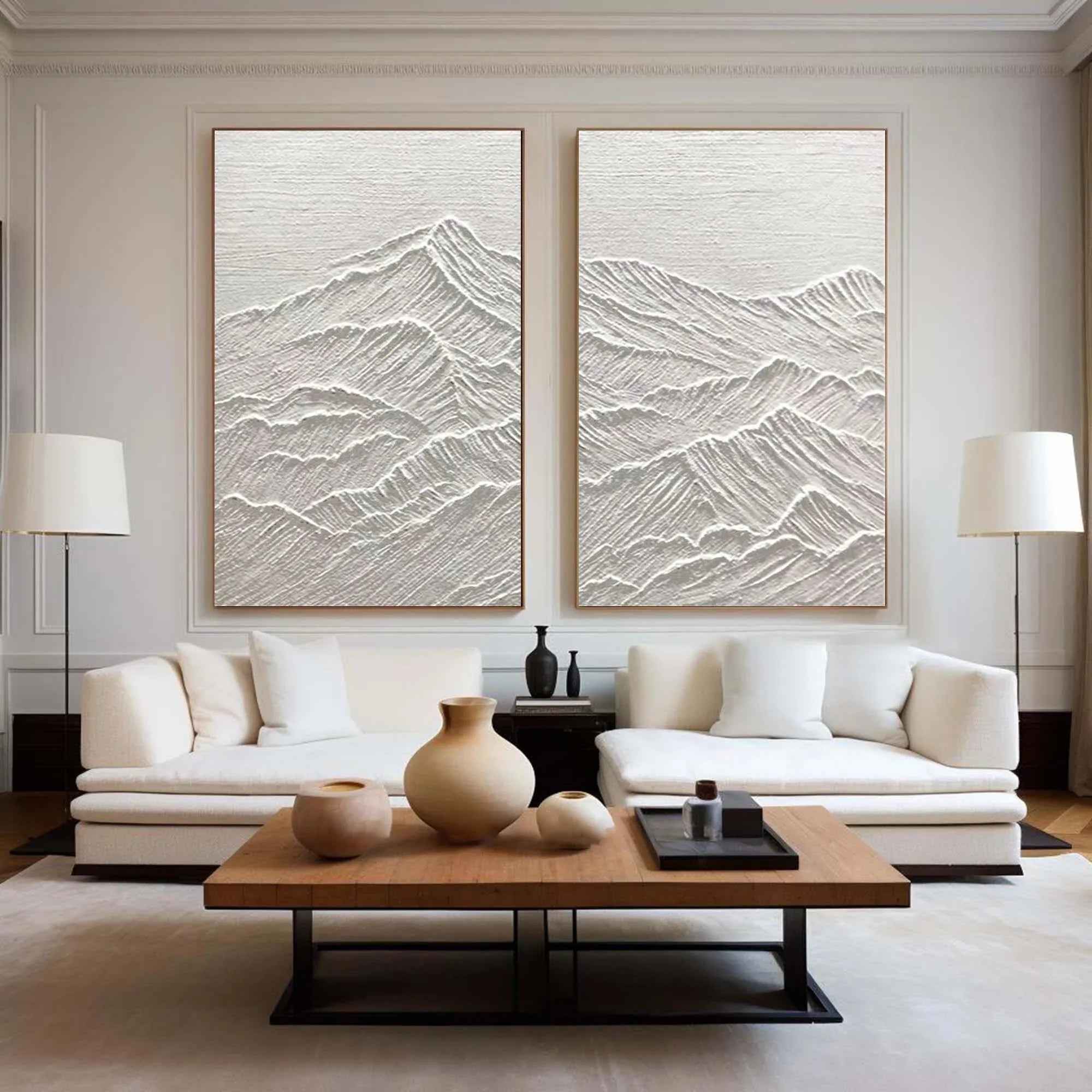 Monochrome Reflections SET OF 2-Handmade Relief Symmetrical Mountain Texture Wall Art - artextured