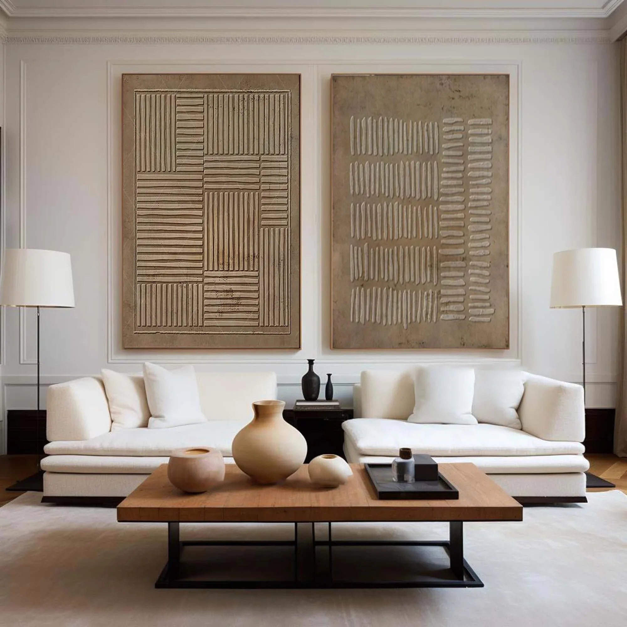 Linear Harmony SET OF 2-Handmade Geometric Vertical and Horizontal Stripes Texture Abstract Wall Art - artextured