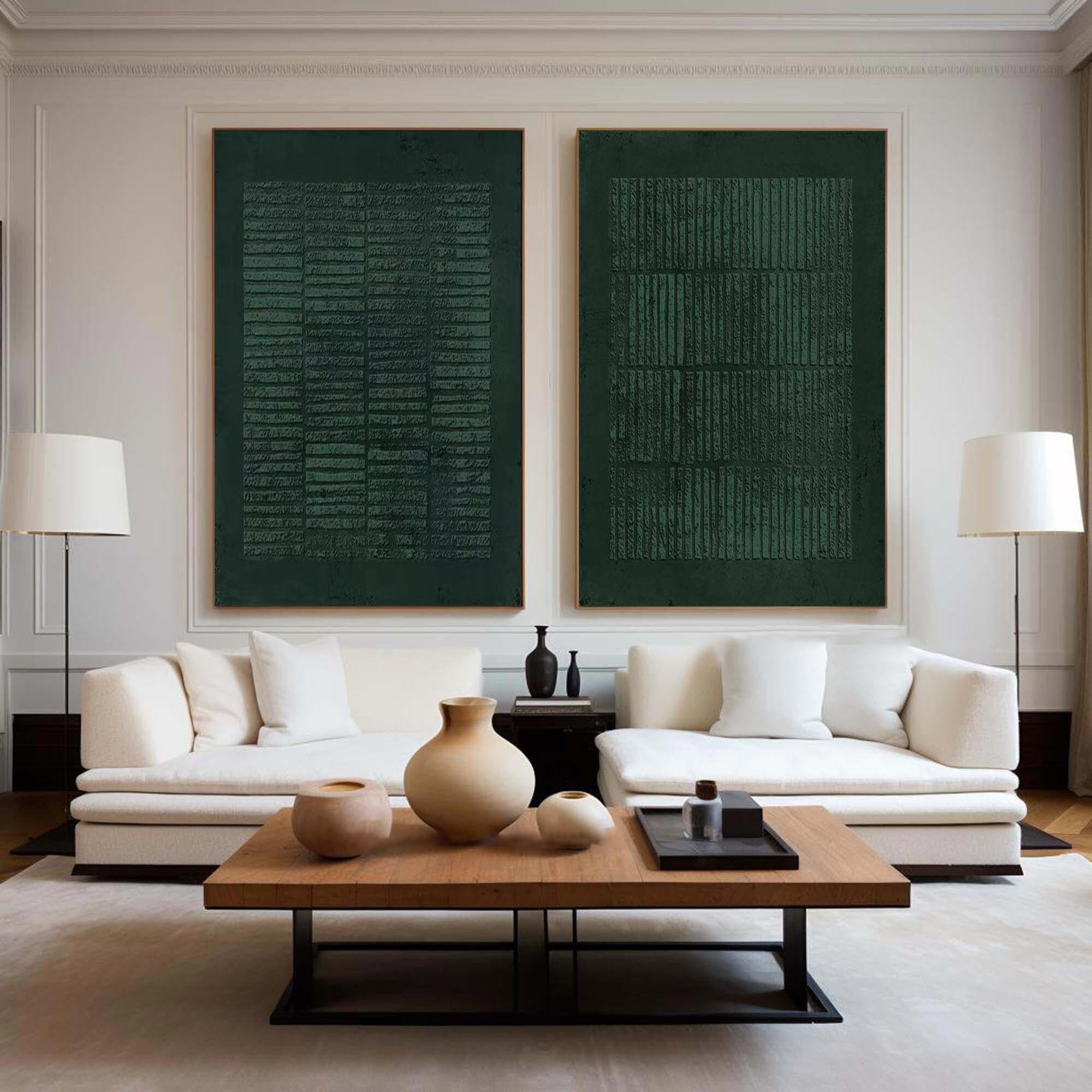 Set of Two Green Textured Canvas Artworks - Modern Minimalist