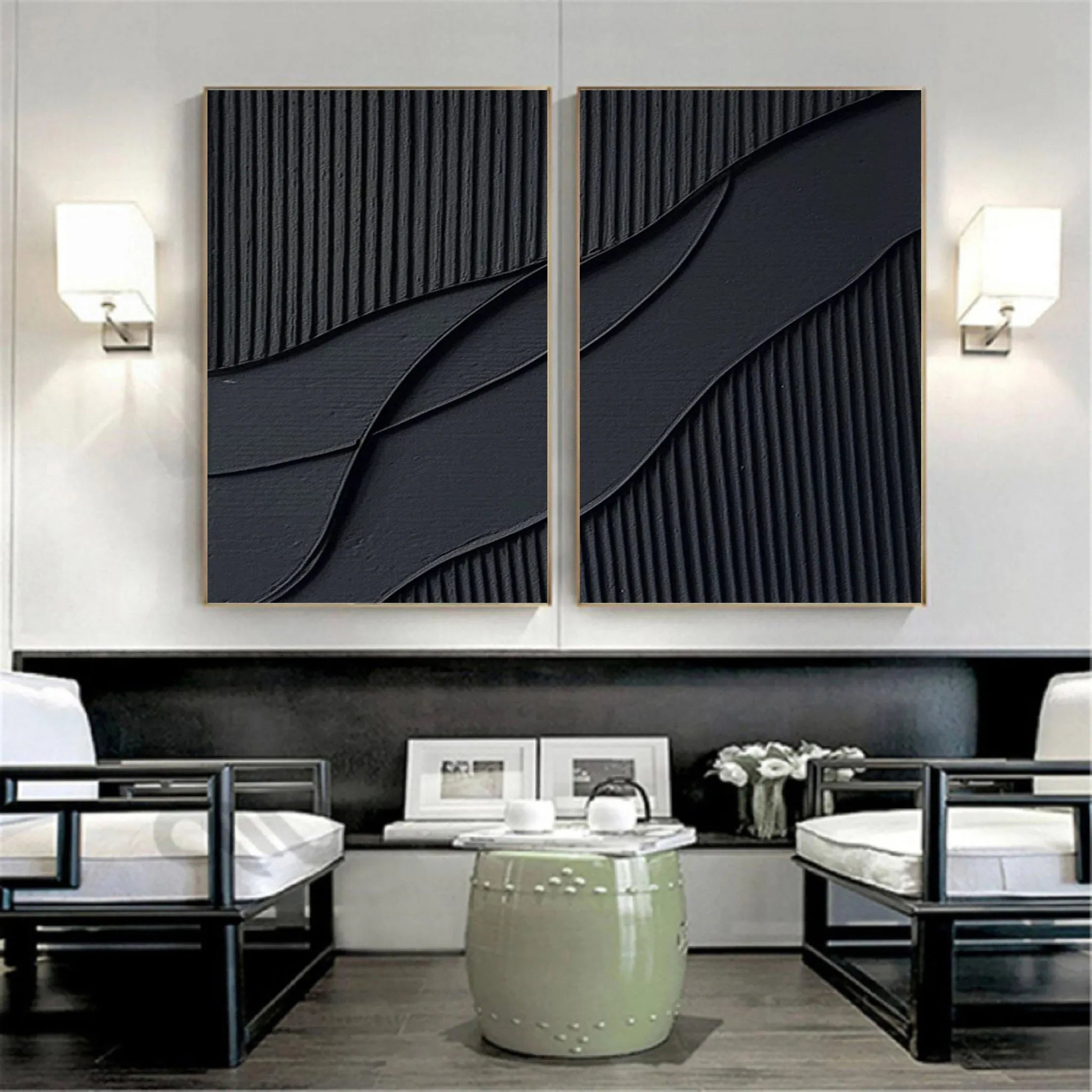 Shadow Waves Abstract Painting SET OF 2-Modern Minimalist Black Textured Abstract Wall Art - artextured