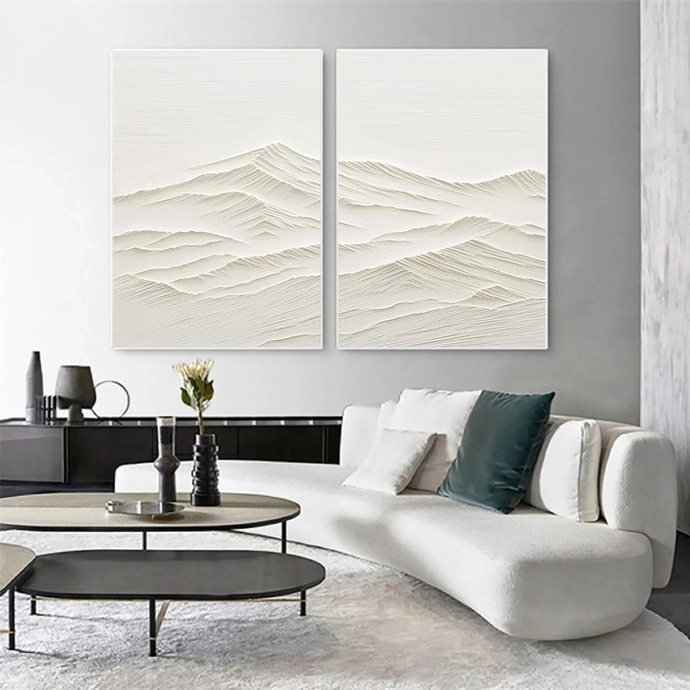 Horizon Drift SET OF 2-Wabi Sabi Style Symmetrical Shallow Rice Mountain Texture Wall Art - artextured