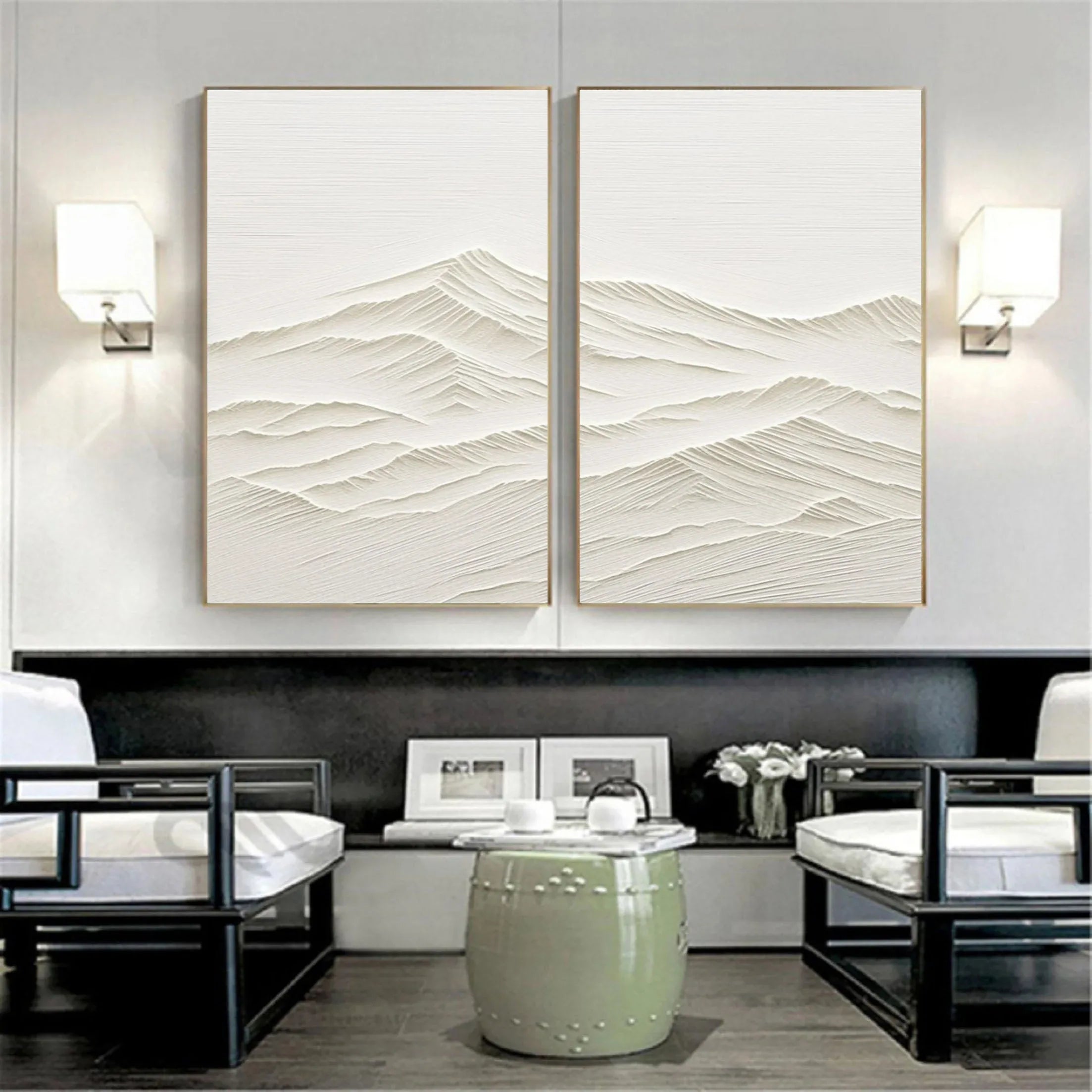 Horizon Drift SET OF 2-Wabi Sabi Style Symmetrical Shallow Rice Mountain Texture Wall Art - artextured