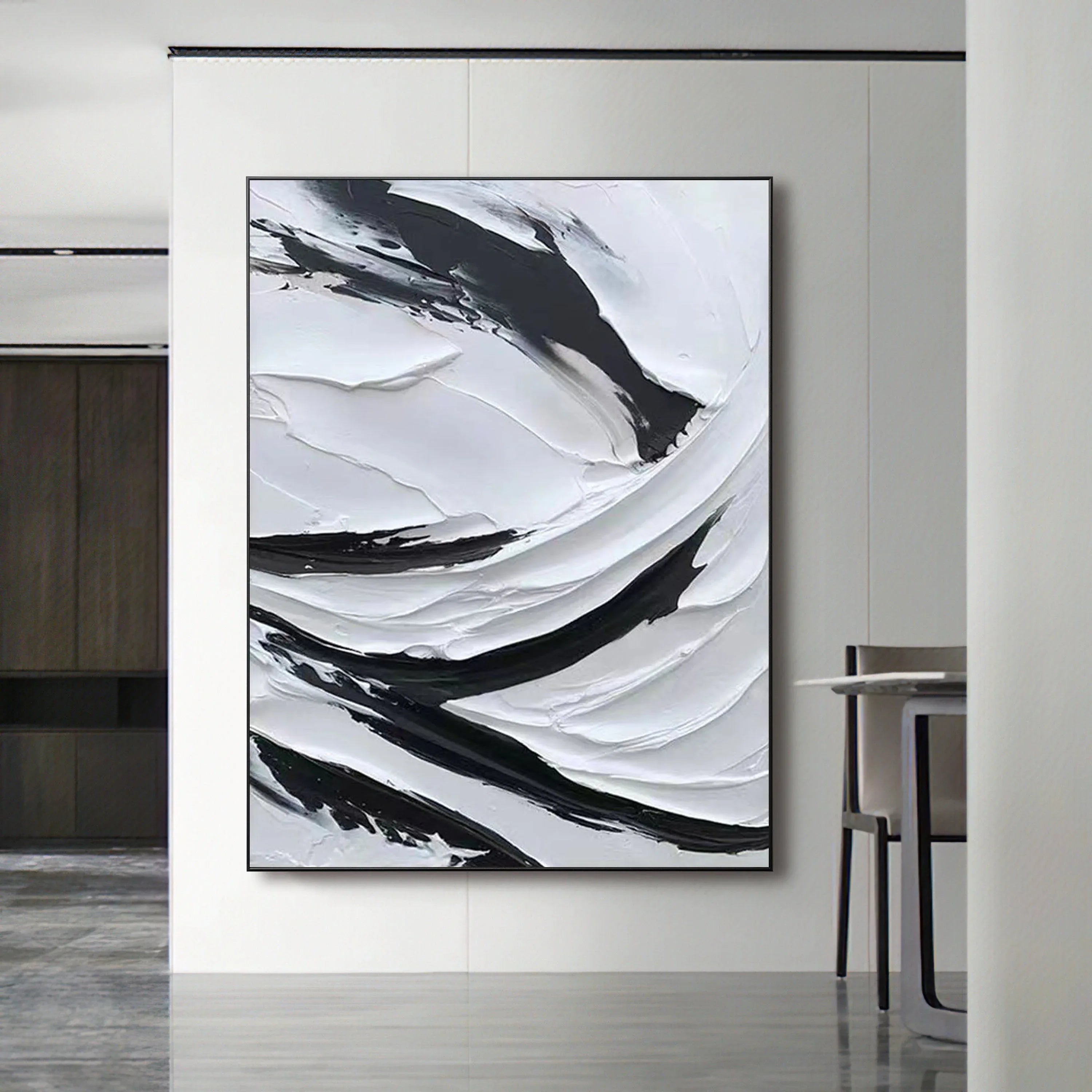 Dynamic Flow-Modern Minimalist Black and White Texture Thick Painted Abstract Wall Art - artextured