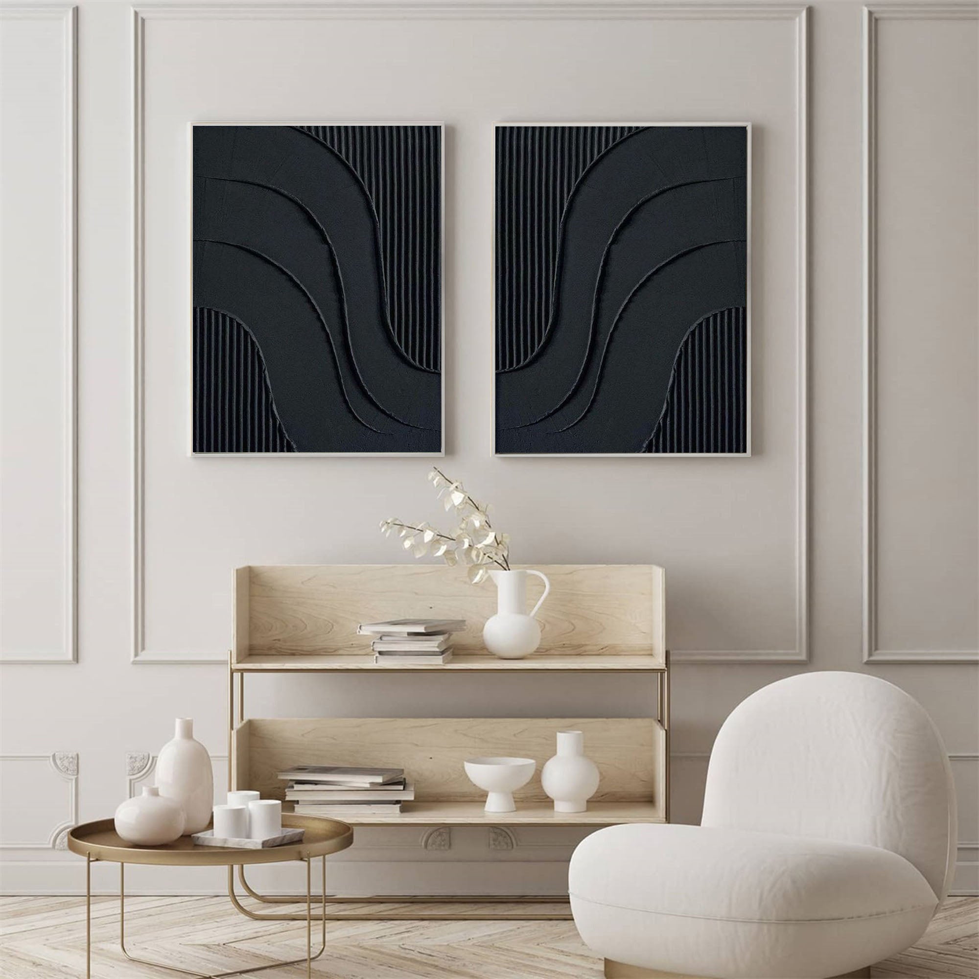 Midnight Flow- Abstract Black Textured Canvas Duo Set of 2