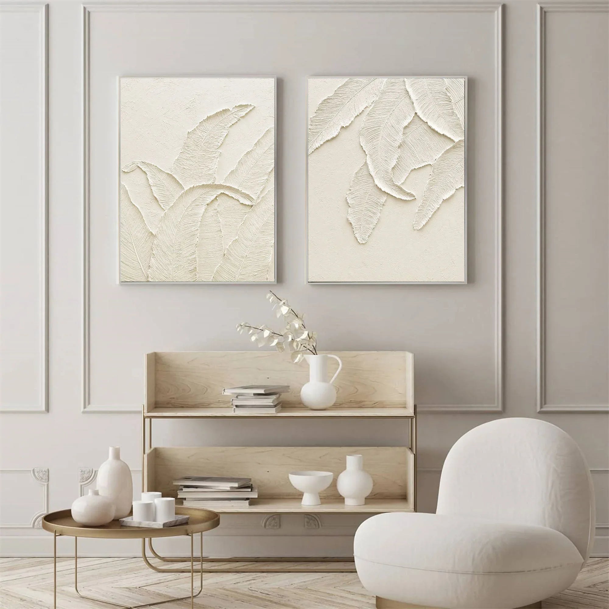 Textured Leaves SET OF 2-Minimalist Handmade Off-White Leaf Texture 3D Wall Art - artextured