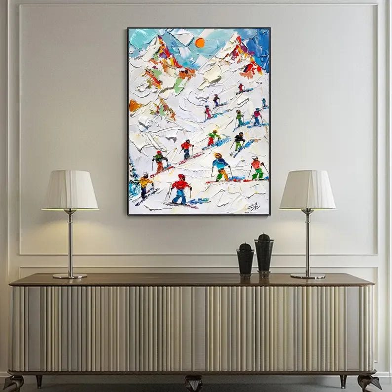 Skiers on Snow-3D Skiing Sport Art Plaster Style Textured Wall Art - artextured