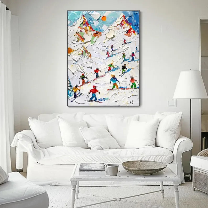 Skiers on Snow-3D Skiing Sport Art Plaster Style Textured Wall Art - artextured