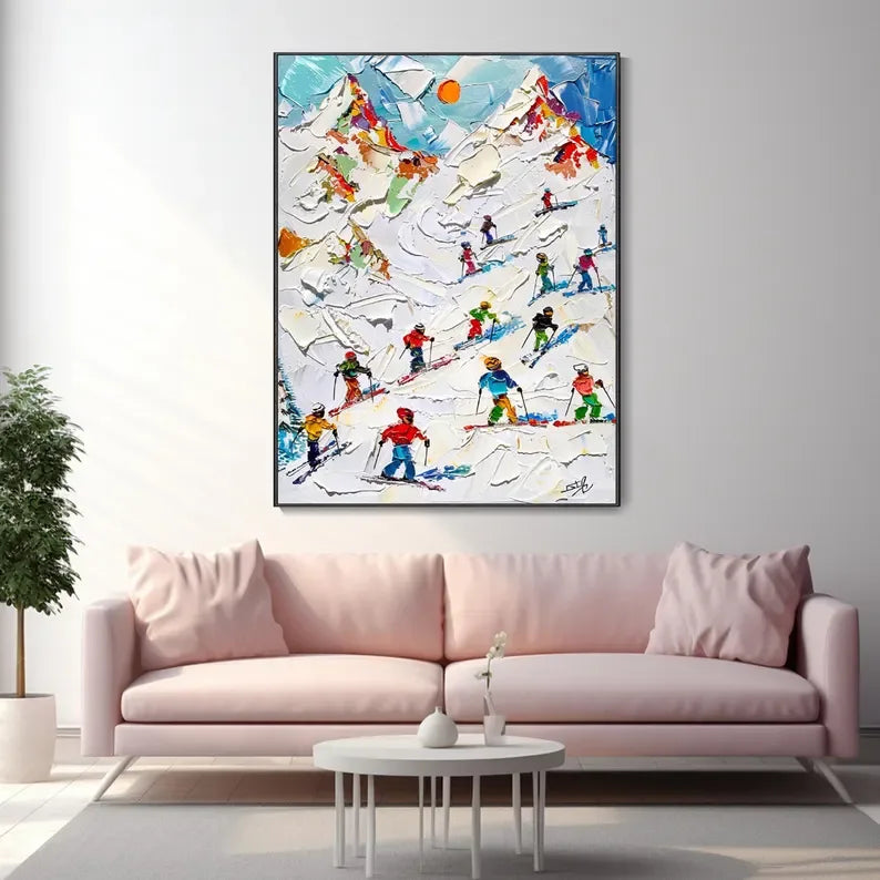 Skiers on Snow-3D Skiing Sport Art Plaster Style Textured Wall Art - artextured