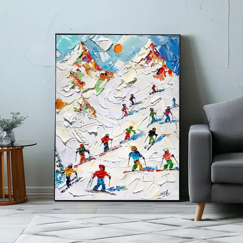 Skiers on Snow-3D Skiing Sport Art Plaster Style Textured Wall Art - artextured