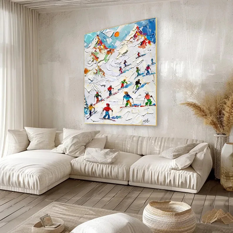 Skiers on Snow-3D Skiing Sport Art Plaster Style Textured Wall Art - artextured