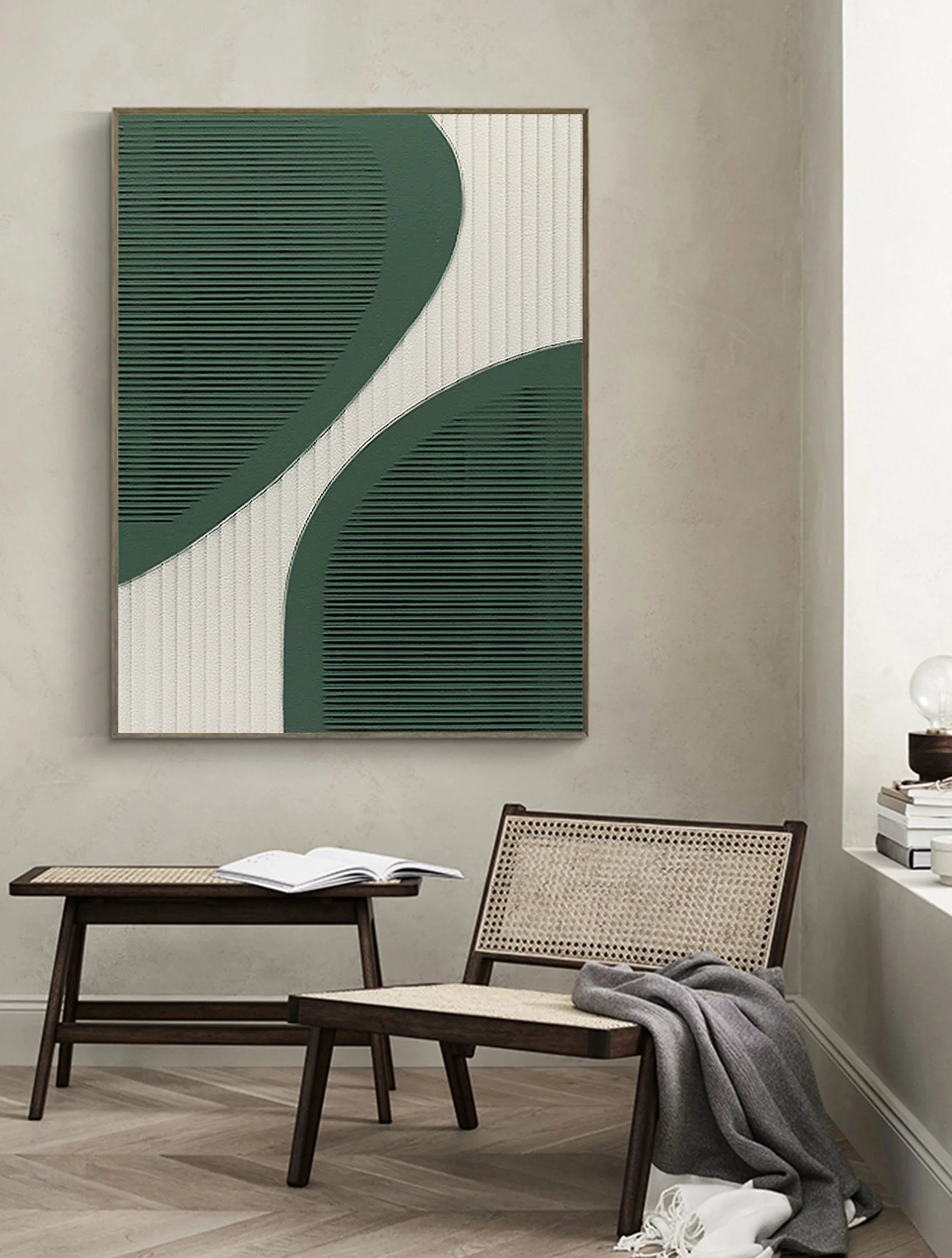 Curved Harmony-Modern Minimalist Green and White Curved Geometric Abstract Wall Art - artextured