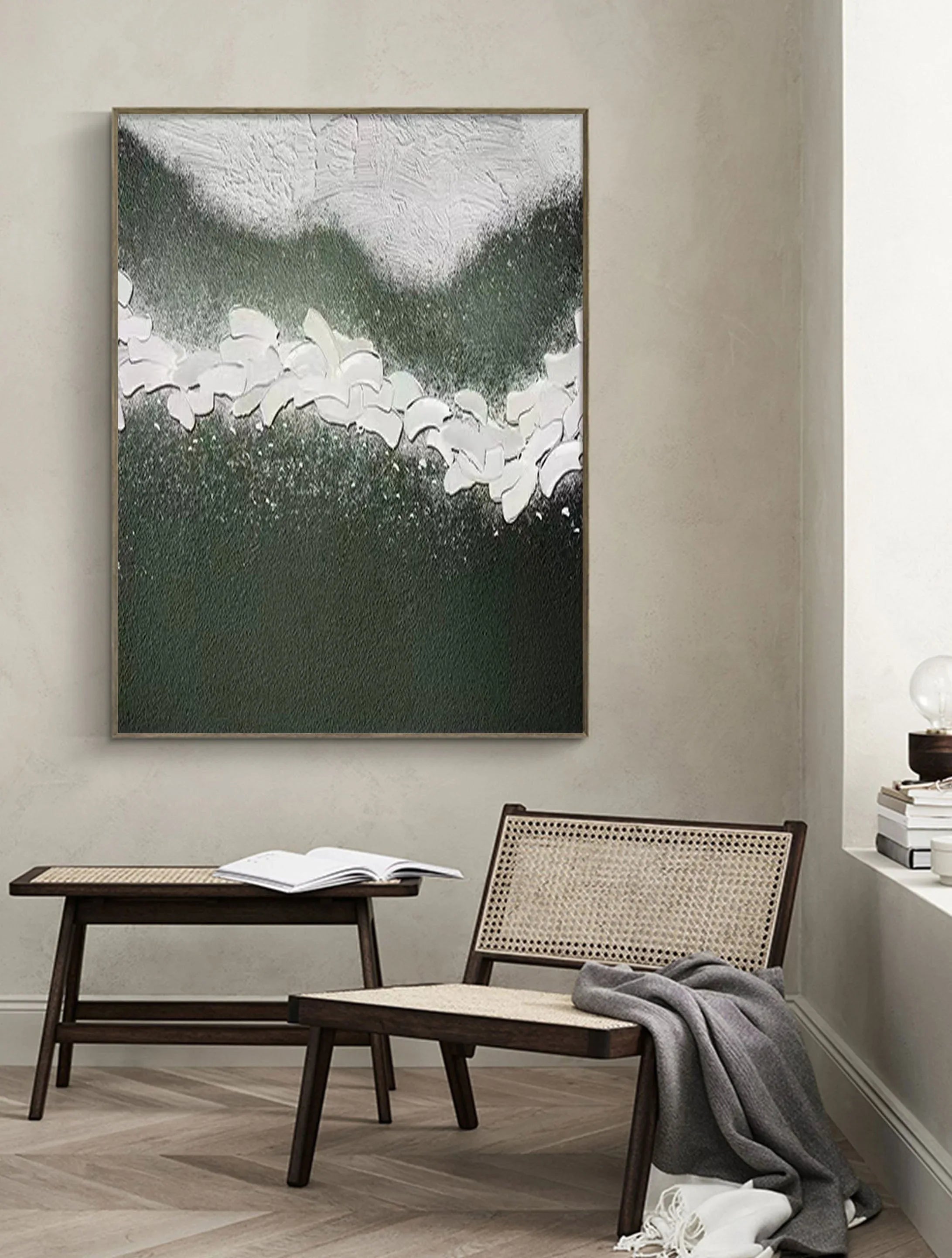 Whispering Blooms-Vertical Green and White Texture Petal Abstract Wall Art - artextured