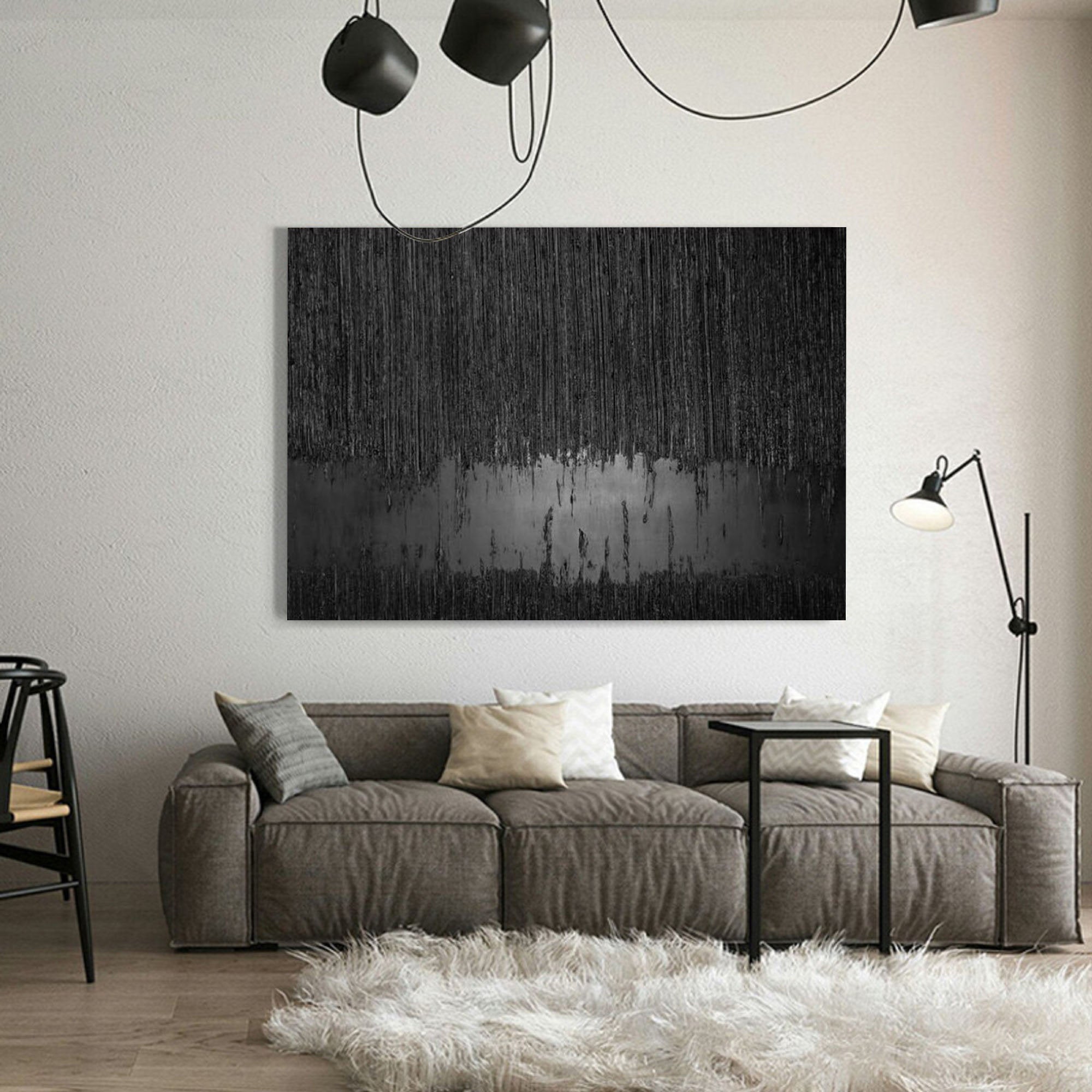 Obsidian Silence-Hand Drawn Black Gray Dangling Texture Abstract Oil Painting Wall Art