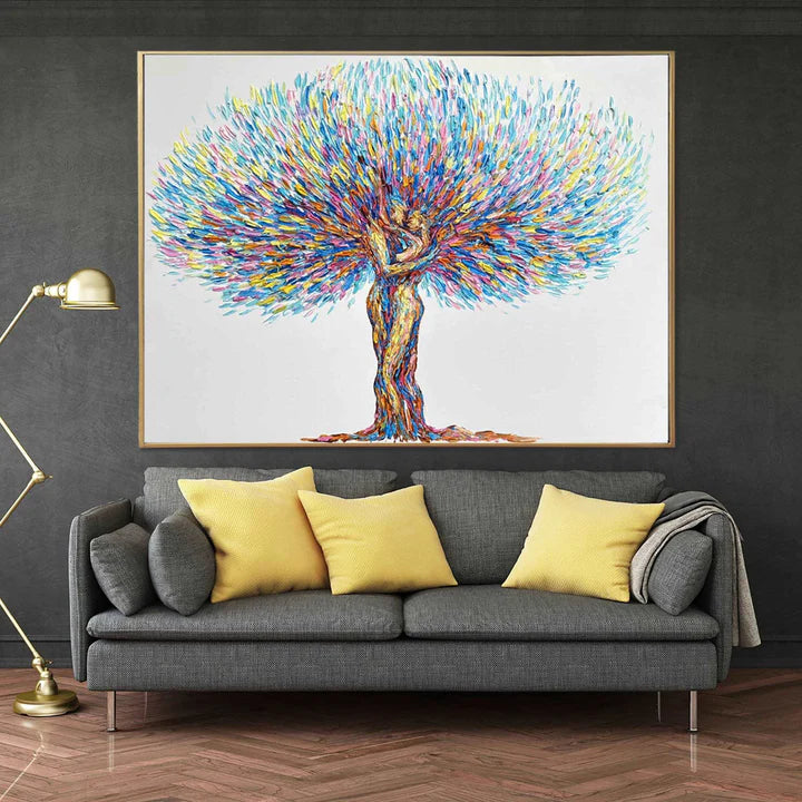 Love Under the Tree-Love and Tree Symbiotic Embrace Abstract Texture Oil Painting Wall Art