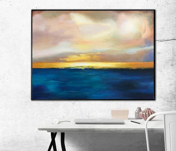 Sunset Serenity-Hand-Painted Sea and Dusk Blend Abstract Oil Painting Wall Art - artextured