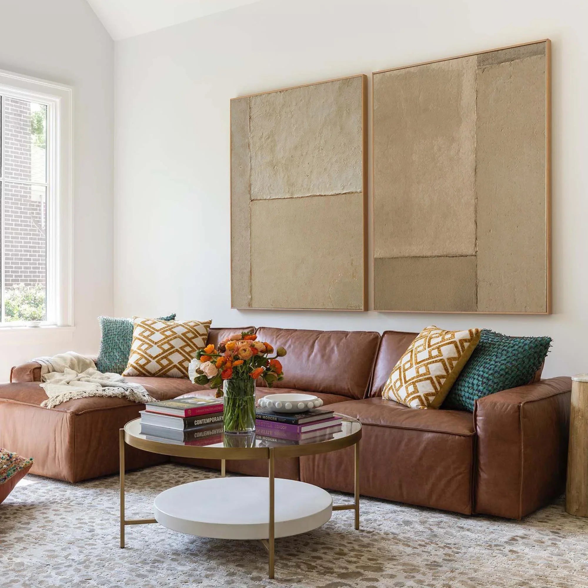 Earthy Simplicity-Brown Geometric Abstract Double Canvas Wall Art for Minimalist Decoration - artextured