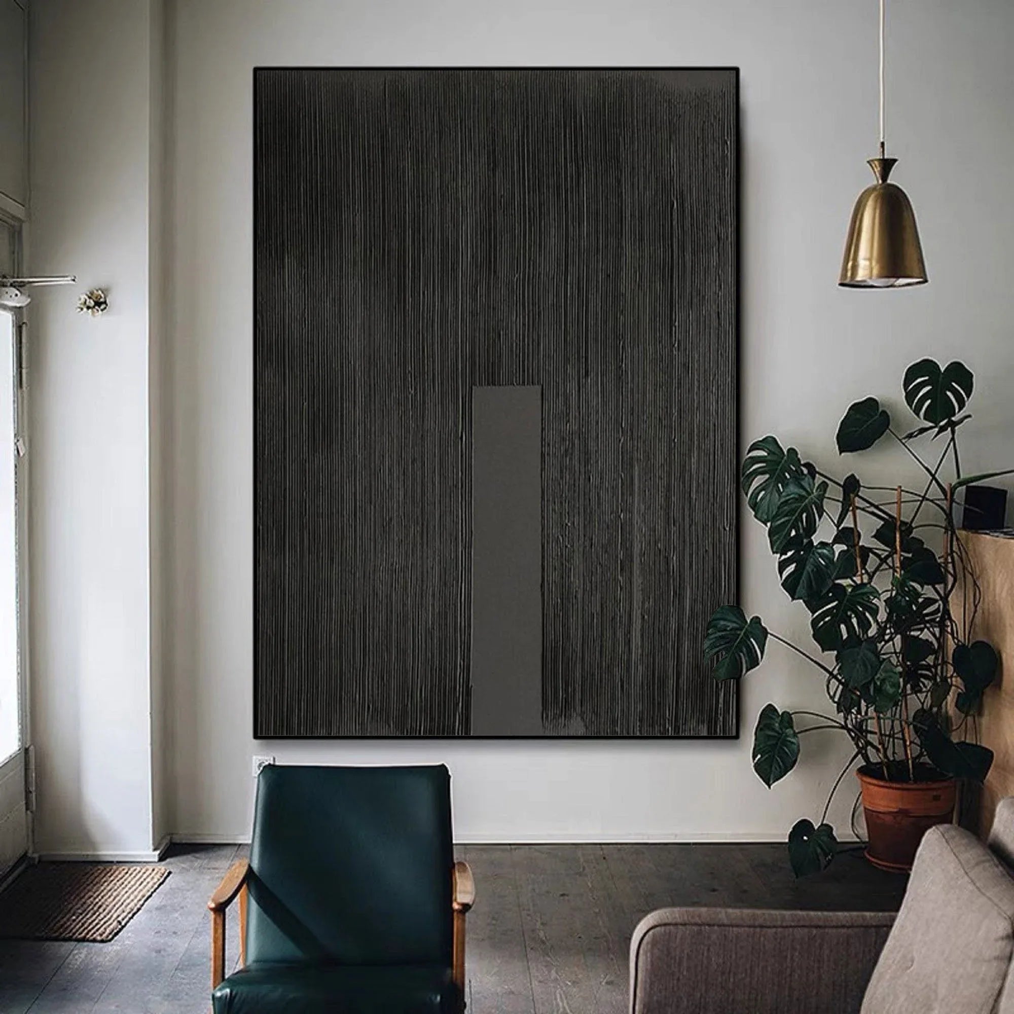 Vert Black Slab Pulse-Linear Minimalist Black Canvas with Vertical Accent - artextured