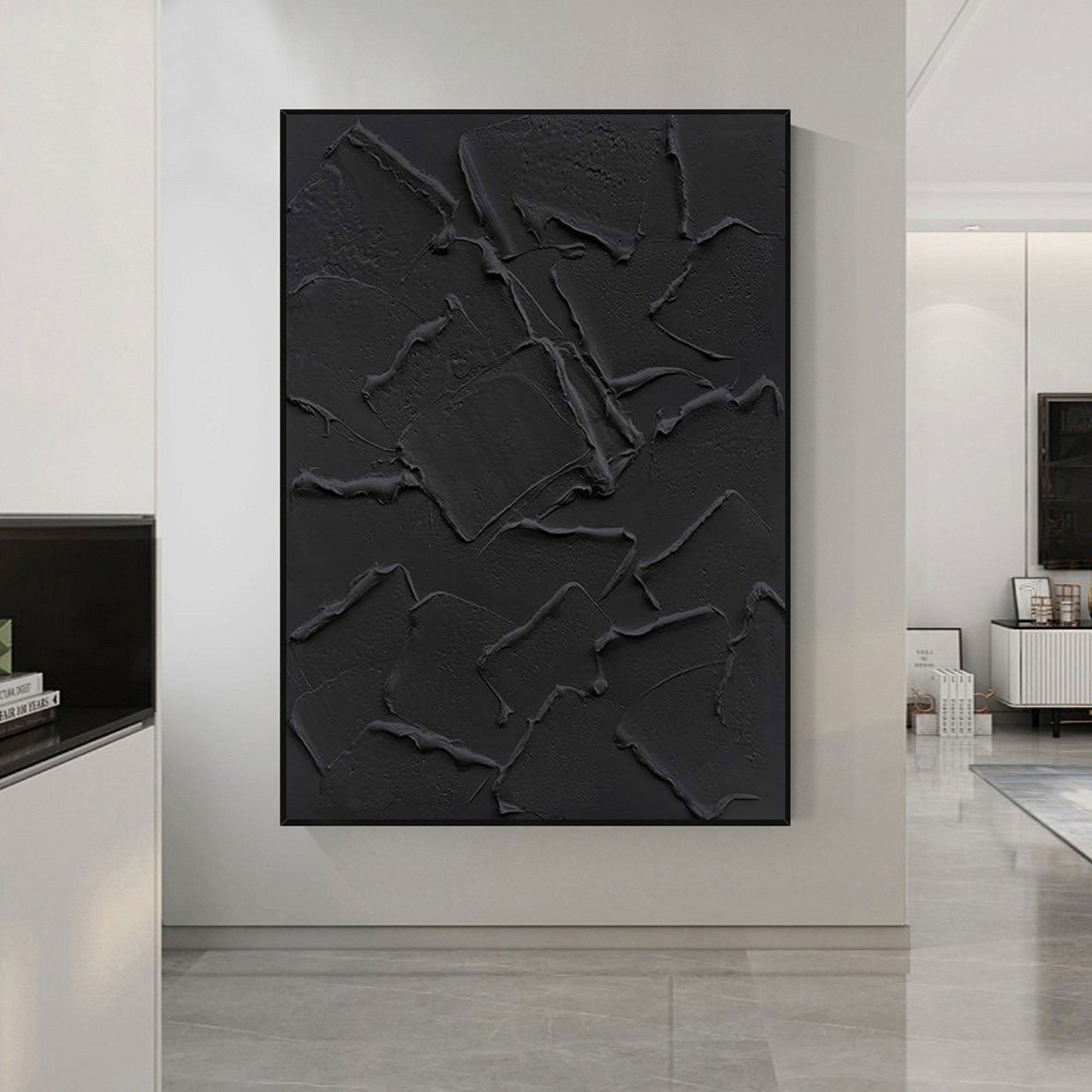 Shadow Layers: Black Textured Abstract Canvas