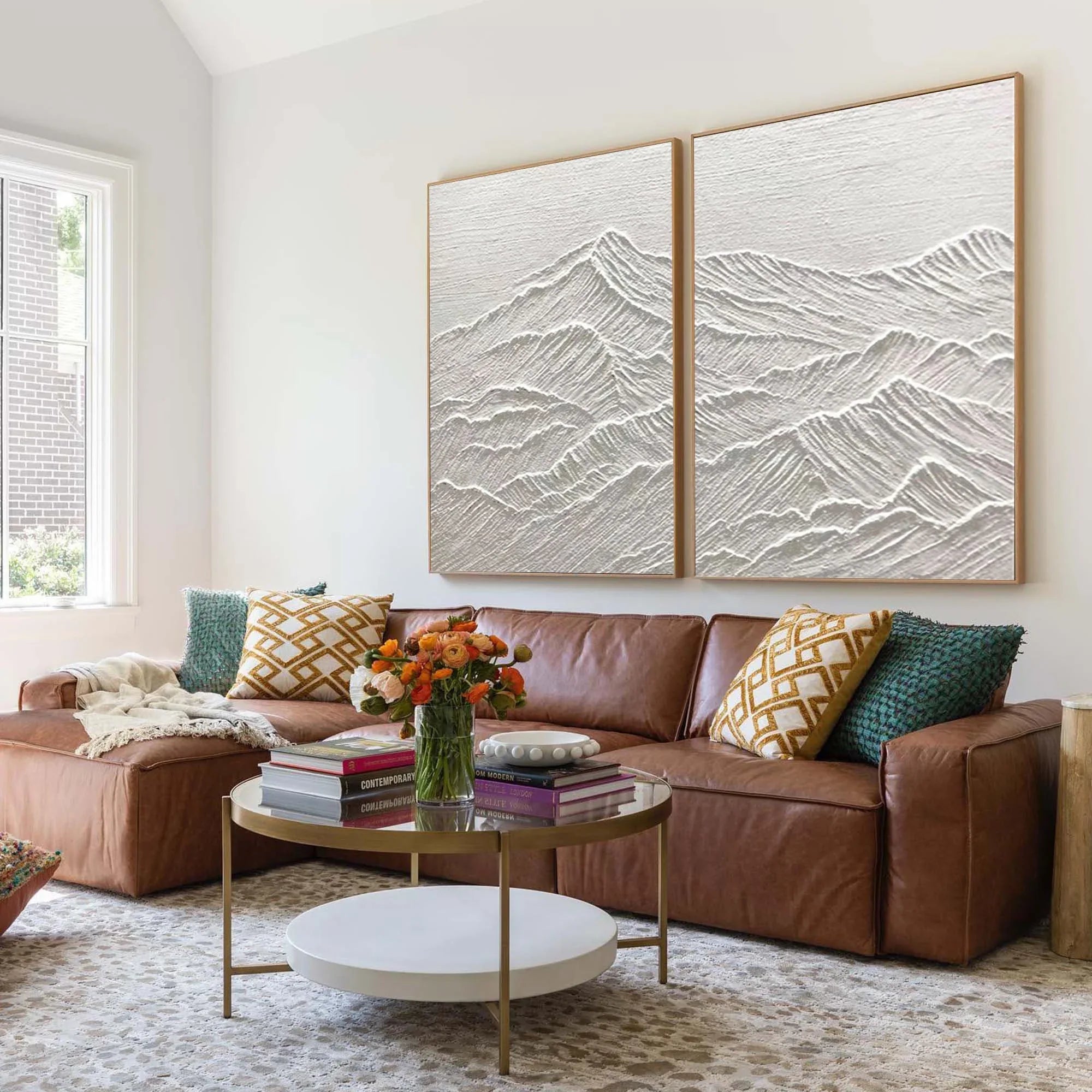 Monochrome Reflections SET OF 2-Handmade Relief Symmetrical Mountain Texture Wall Art - artextured