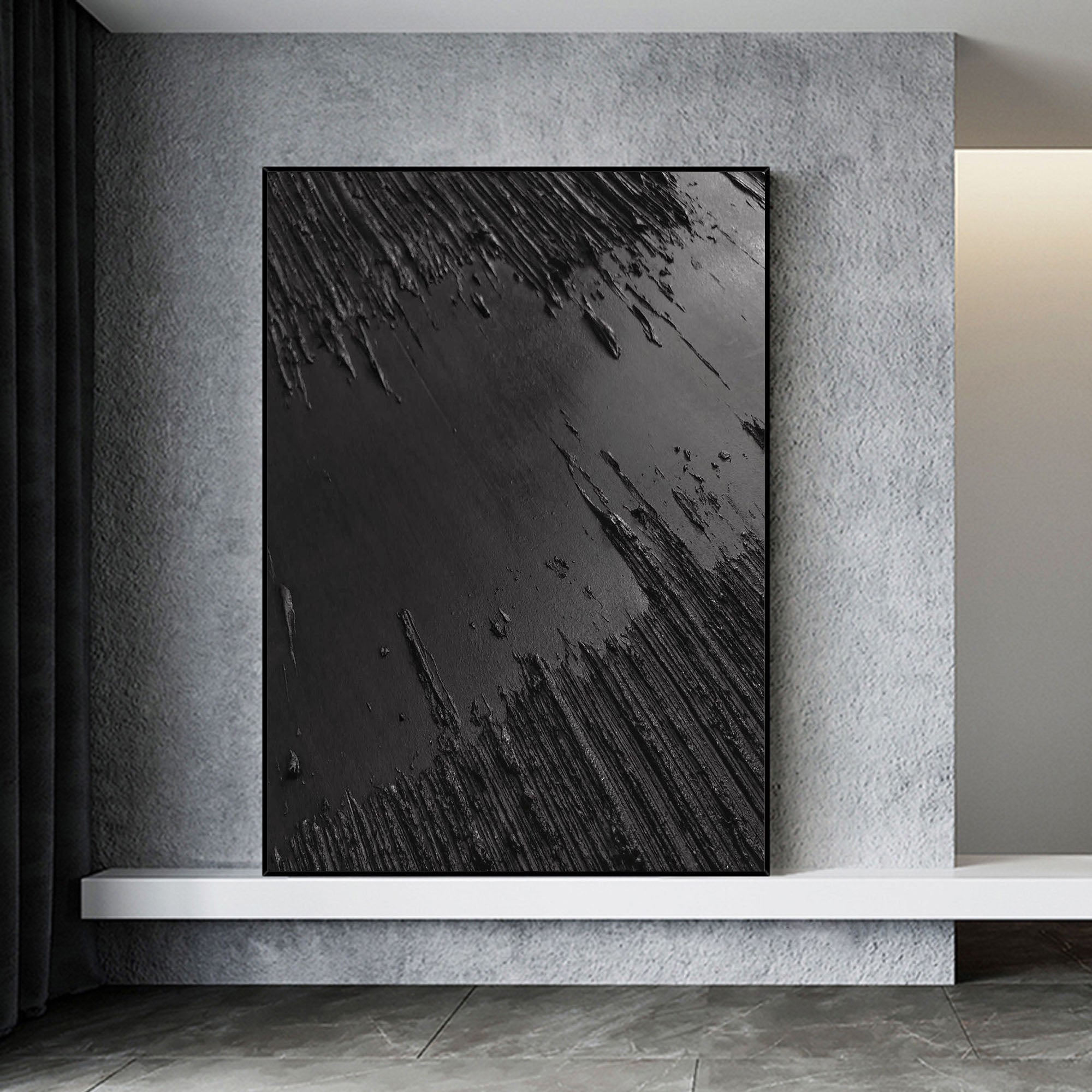 Minimalist Black Textured Canvas Art - Monochrome Abstract Wall Decor