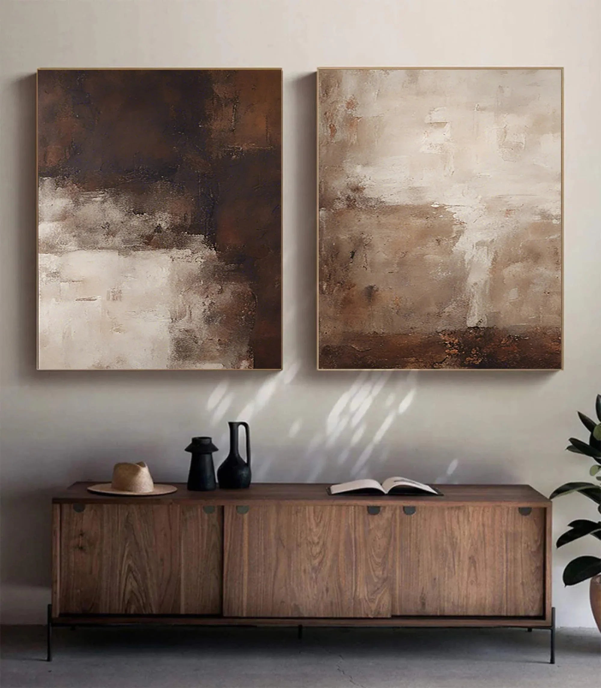Earthy Elegance Abstract Diptych Set Of 2 - Double-Sided Vertical Banner Abstract Texture Wall Art in Earthy Colors - artextured