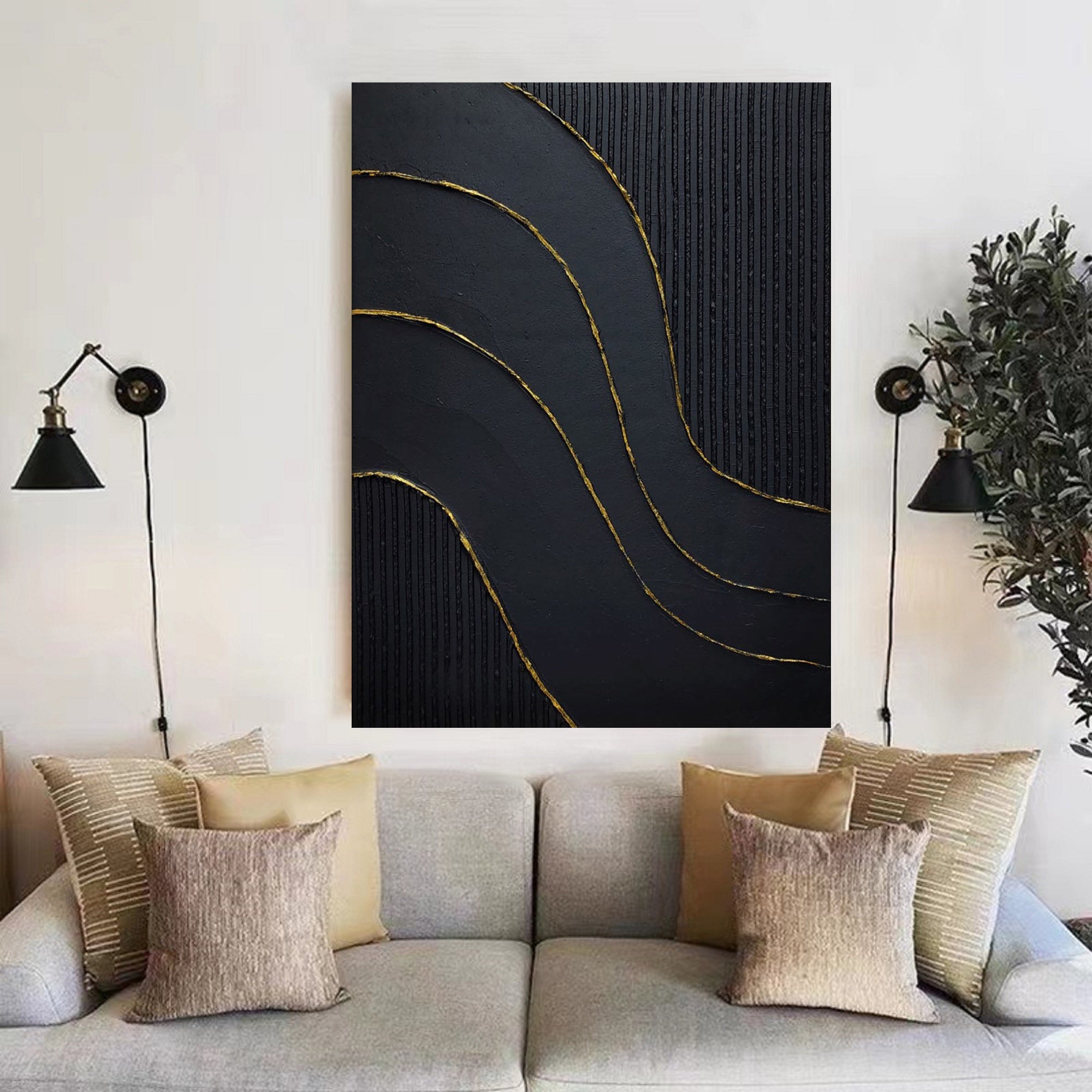 Golden Flow-Modern Minimalist Black and Gold Curved Texture Abstract Wall Art