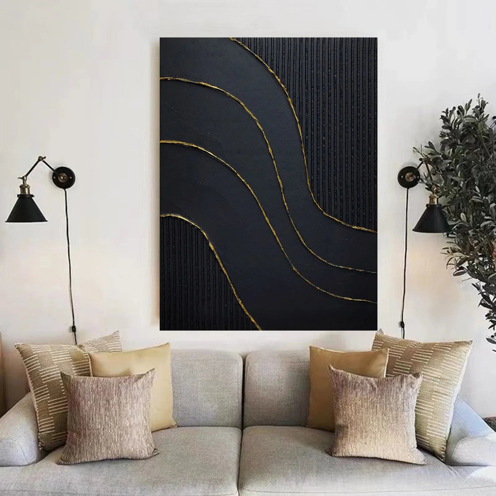 Golden Flow-Modern Minimalist Black and Gold Curved Texture Abstract Wall Art - artextured