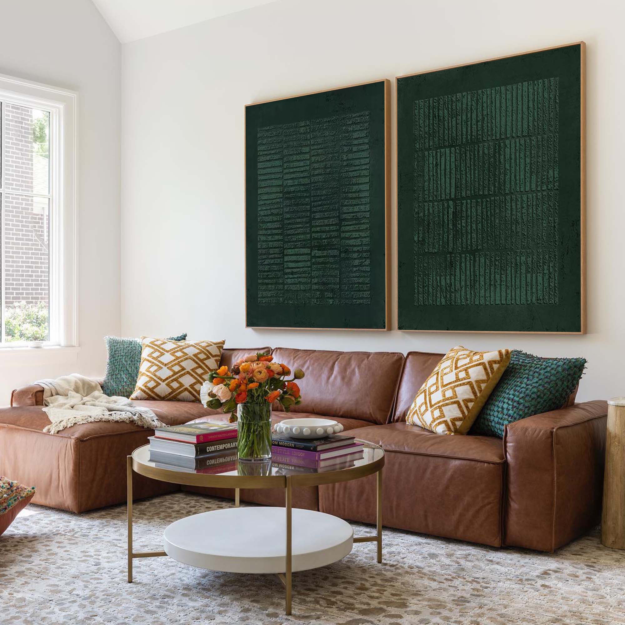 Set of Two Green Textured Canvas Artworks - Modern Minimalist