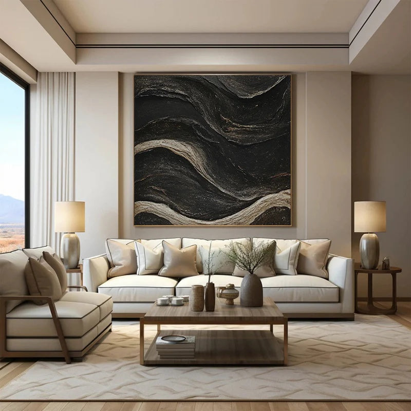 Obsidian Current – Large Textured Modern Abstract Wall Art#AB14148