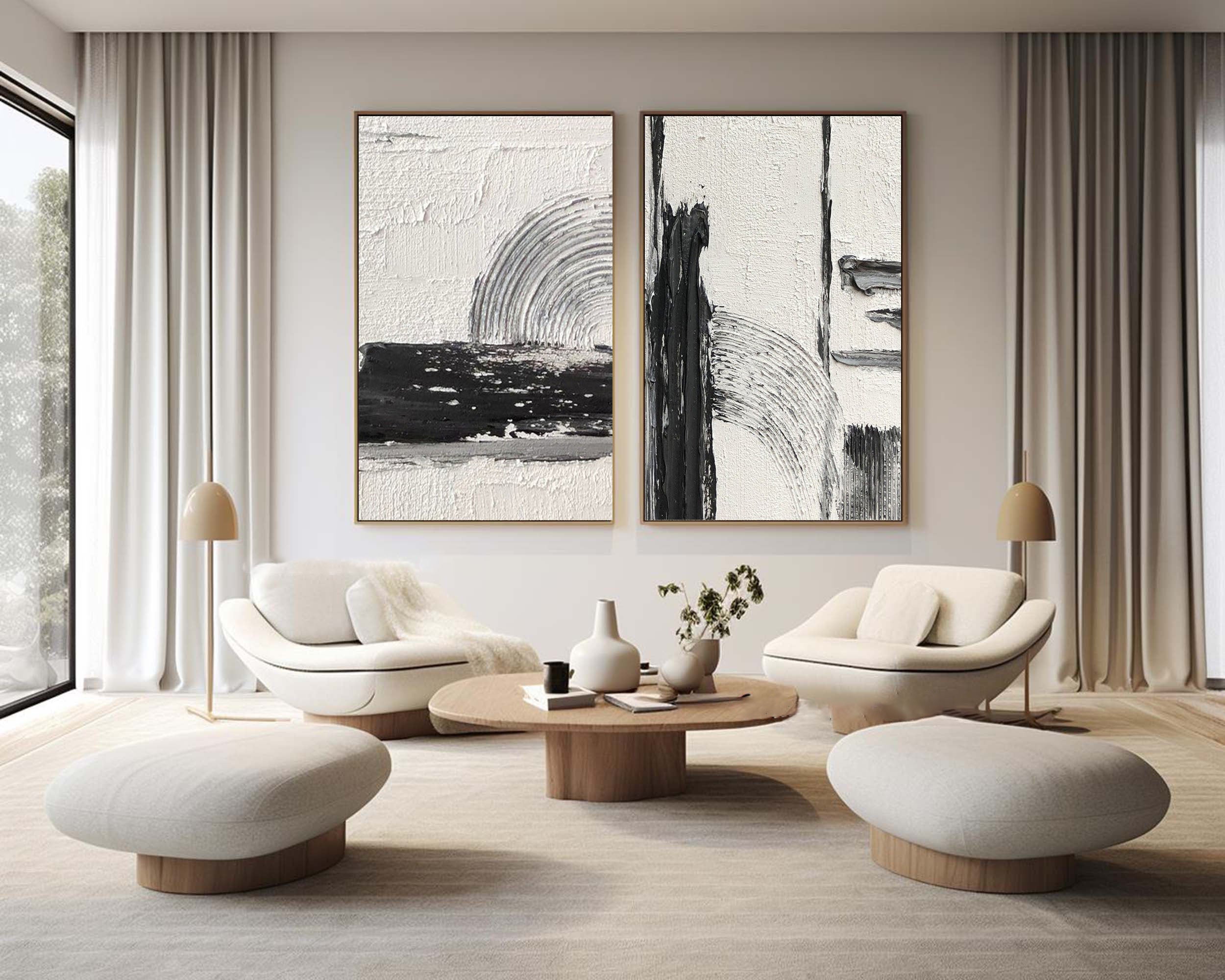 Bold Harmony: Black and White Textured Canvas Duo SET OF 2