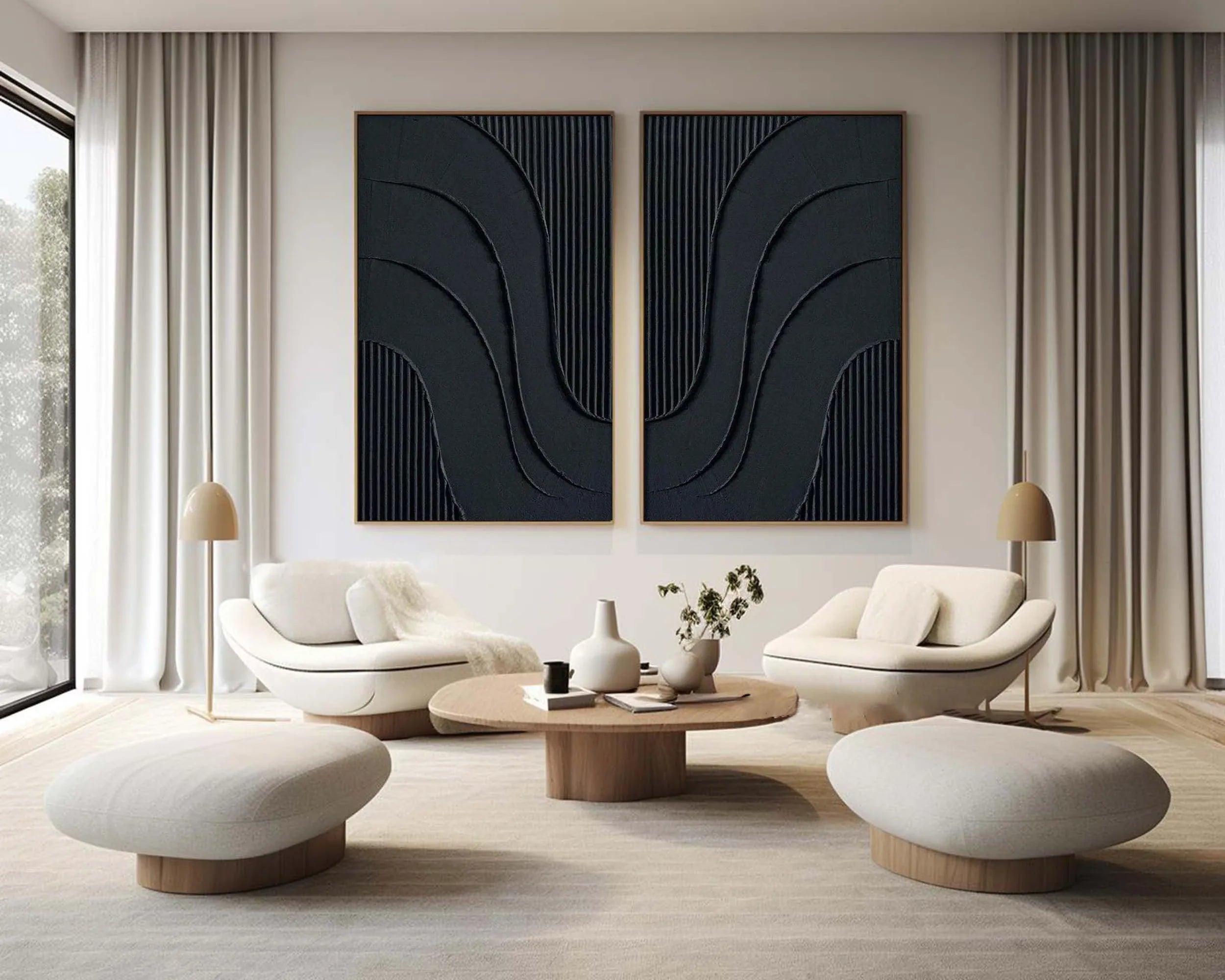 Midnight Flow- Abstract Black Textured Canvas Duo Set of 2 - artextured