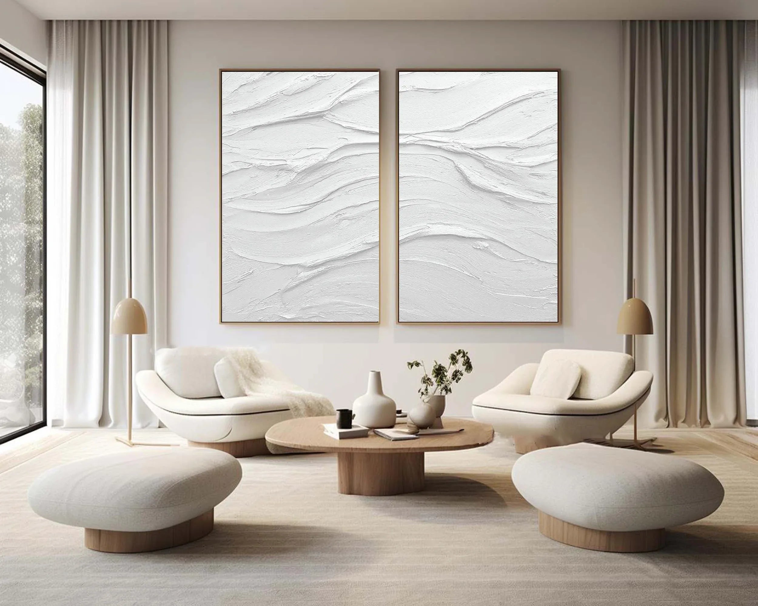 Waves of Serenity Diptych-Minimalist Pure White Wavy Texture 3D Wall Art - artextured