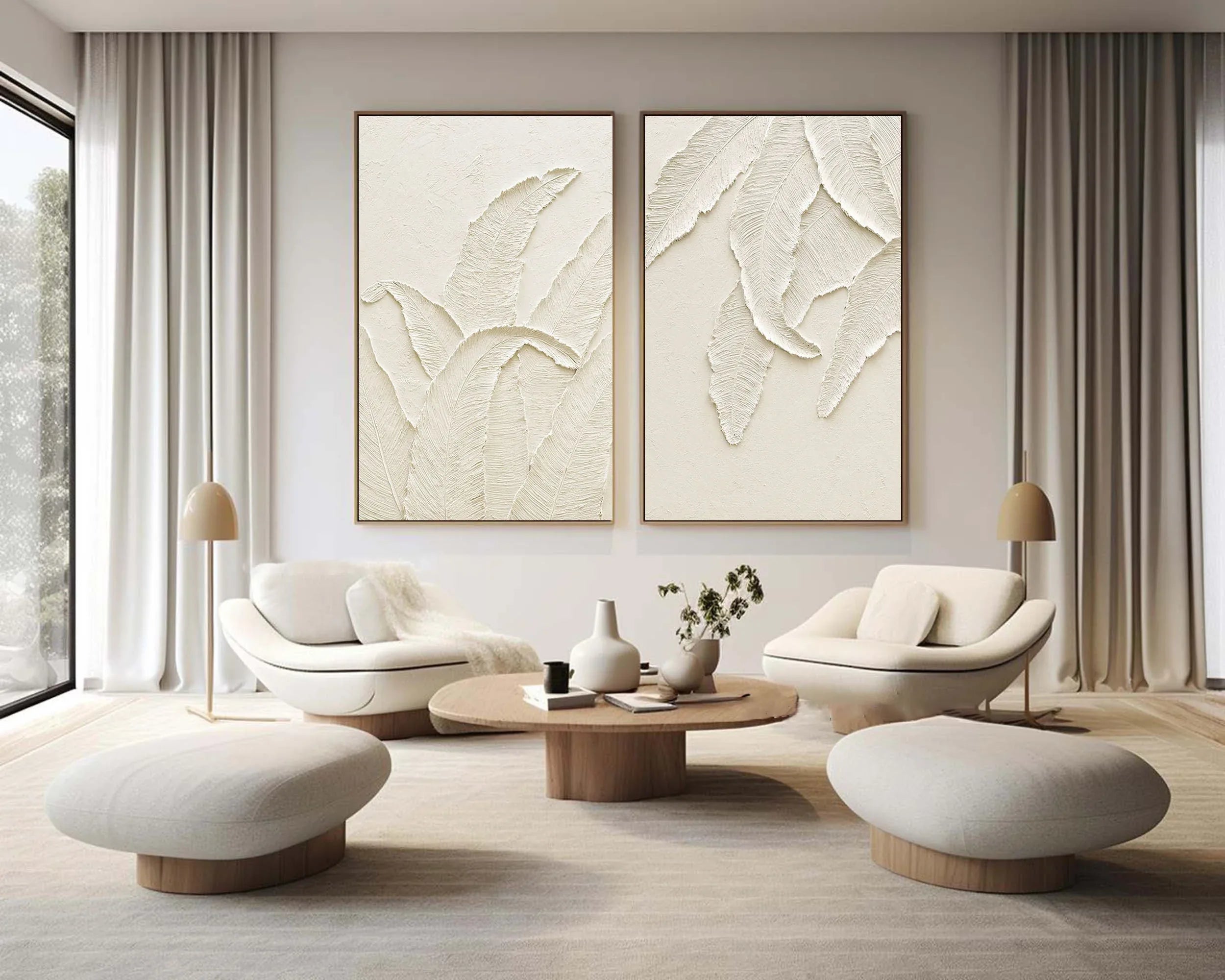 Textured Leaves SET OF 2-Minimalist Handmade Off-White Leaf Texture 3D Wall Art - artextured
