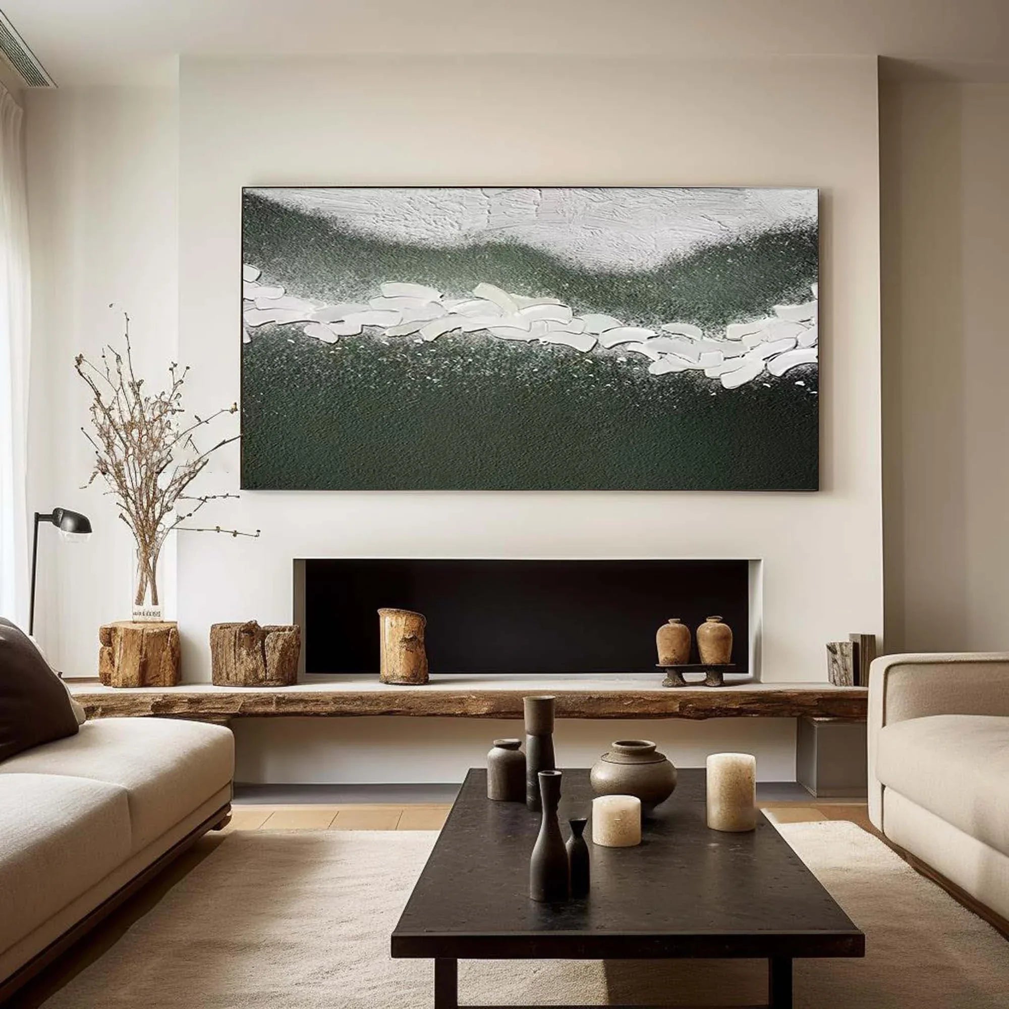 Path of Serenity-Hand Drawn Flowing Green and White Outline Abstract Texture Wall Art - artextured