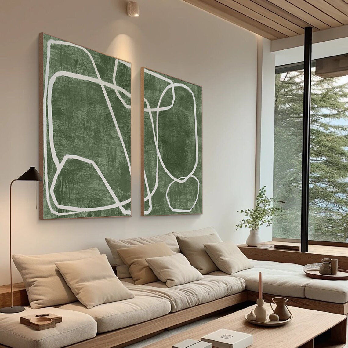 Emerald Dual Canvas Art - Geometric Minimalist Lines SET OF 2