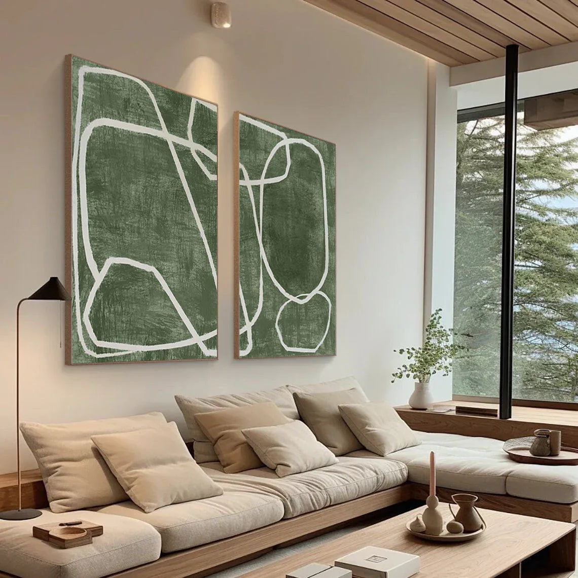 Emerald Dual Canvas Art - Geometric Minimalist Lines SET OF 2 - artextured