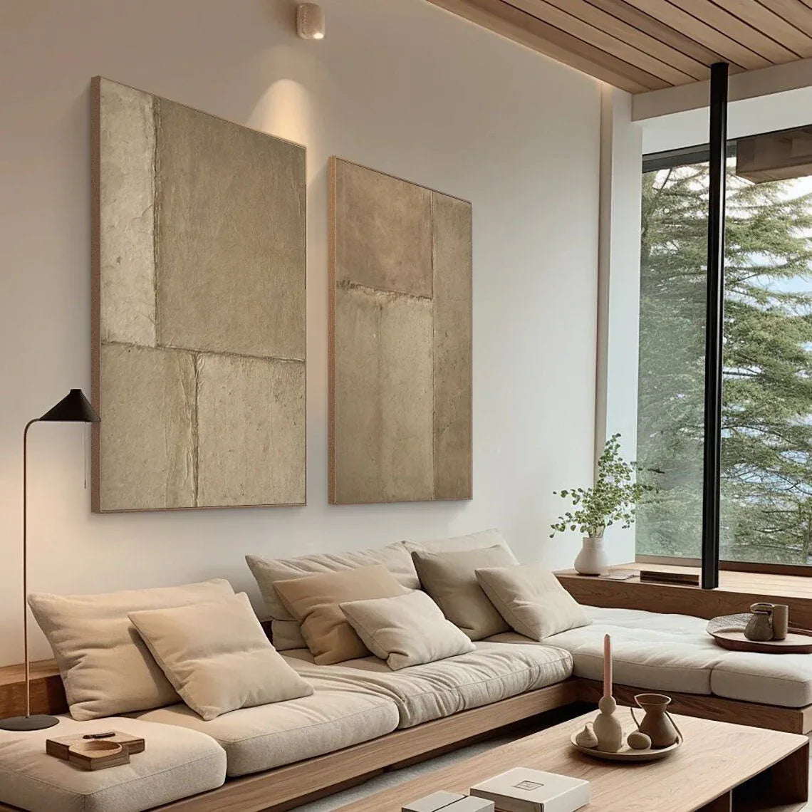 Rustic Harmony-Modern Hand Painted Geometric Light Brown Diptych Abstract Wall Art - artextured