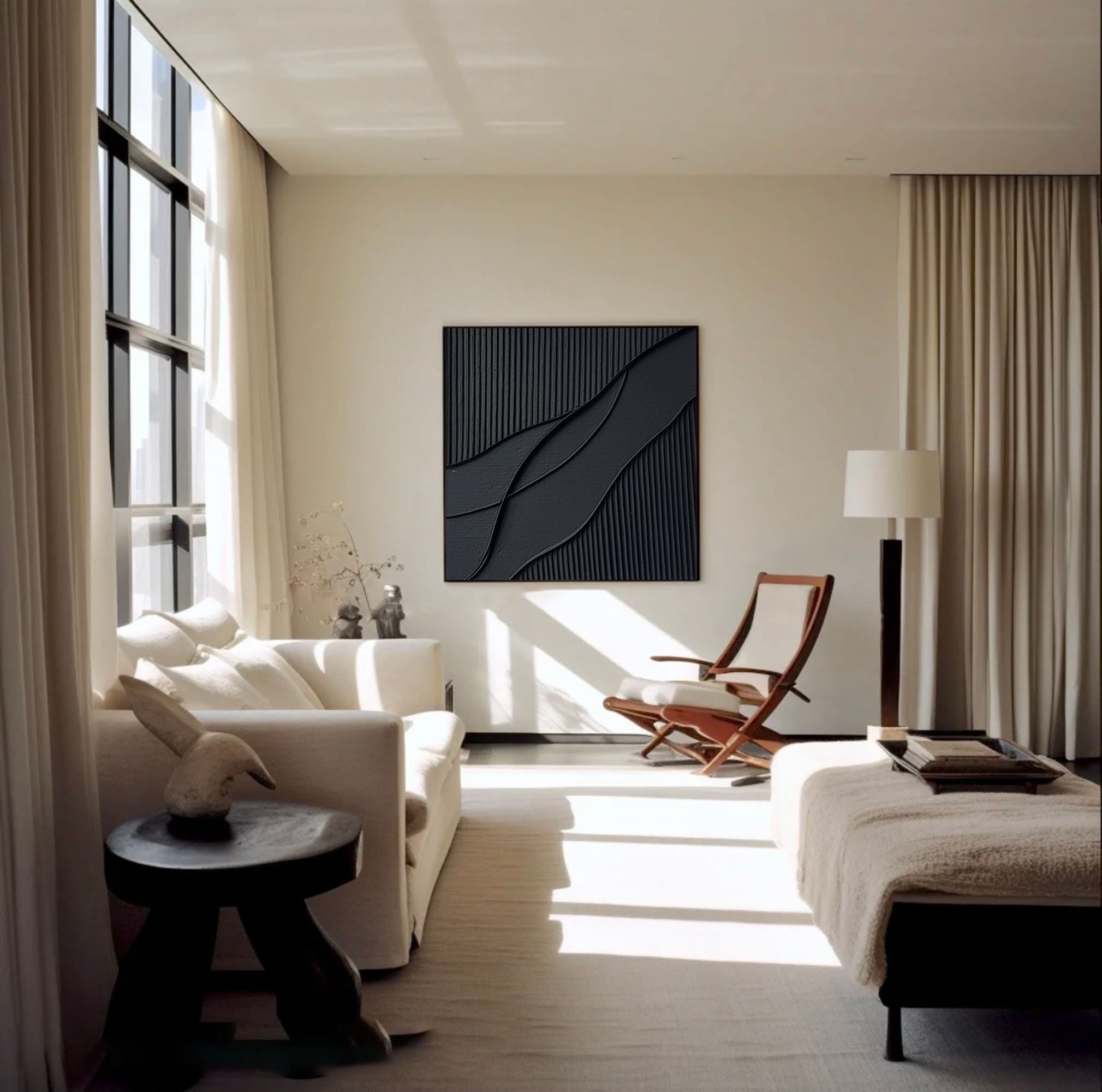 Ripple in Shadow -Black Geometric Curves and Texture Abstract Wall Art