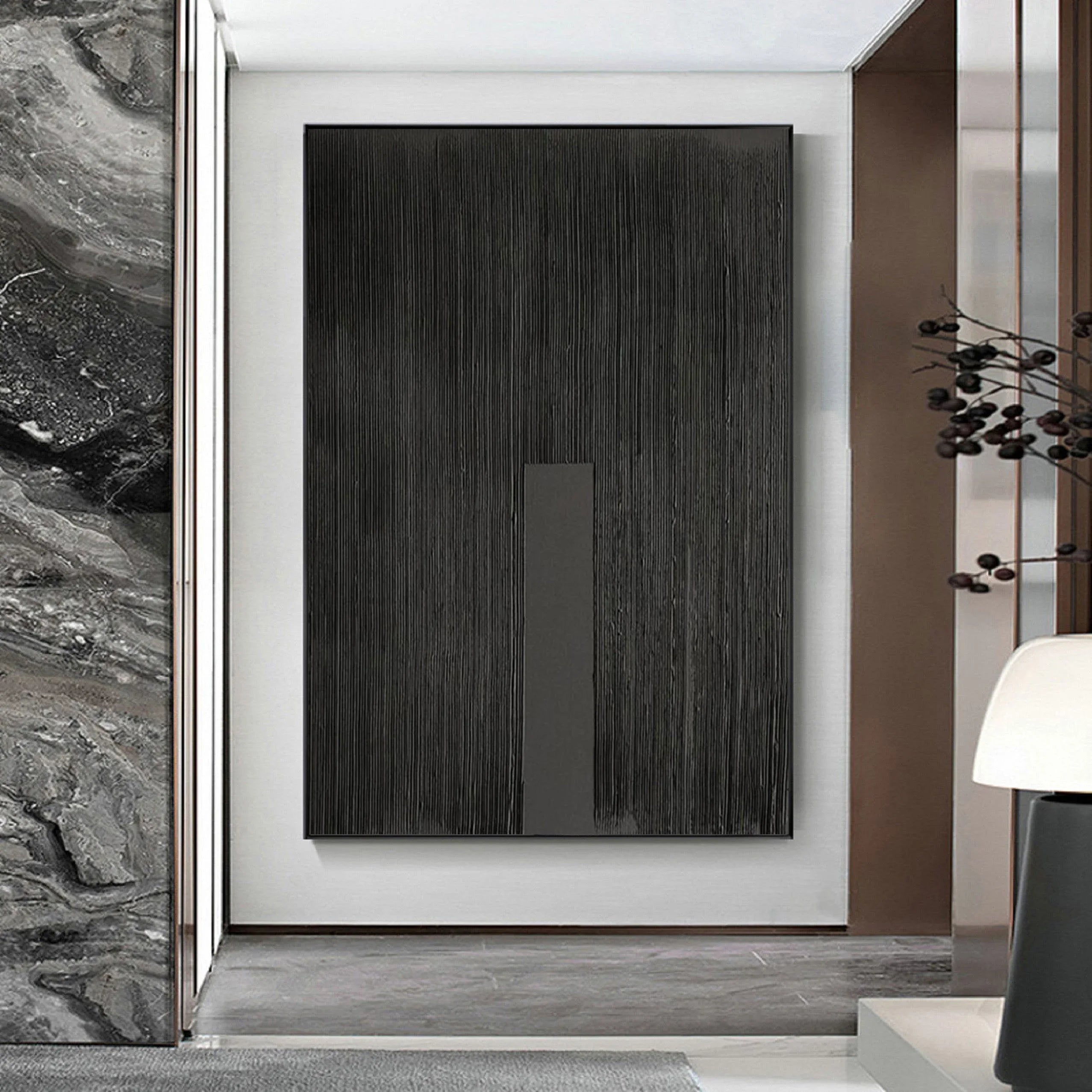 Vert Black Slab Pulse-Linear Minimalist Black Canvas with Vertical Accent - artextured