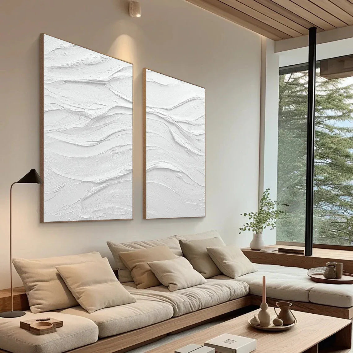 Waves of Serenity Diptych-Minimalist Pure White Wavy Texture 3D Wall Art - artextured