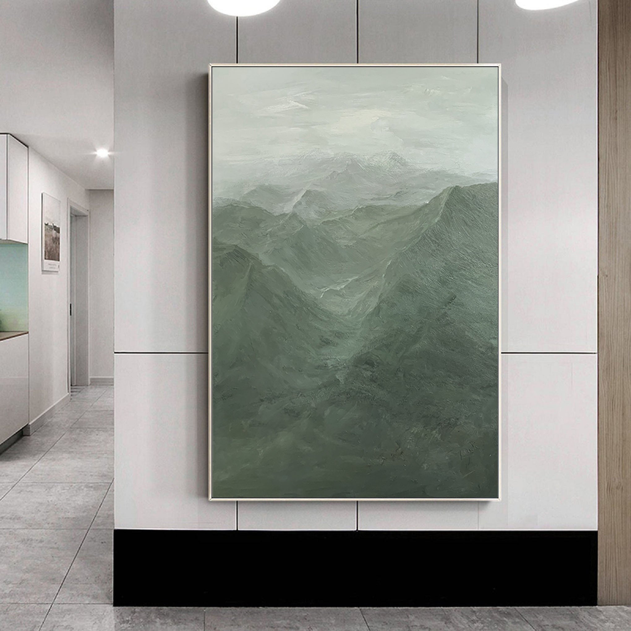 Misty Green Mountain Abstract Oil Painting - Tranquil Wall Art