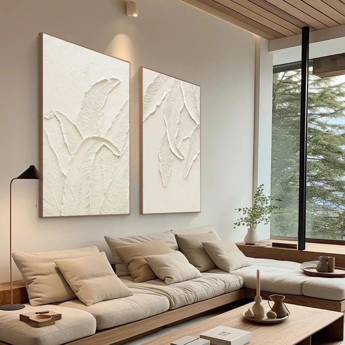 Textured Leaves SET OF 2-Minimalist Handmade Off-White Leaf Texture 3D Wall Art - artextured