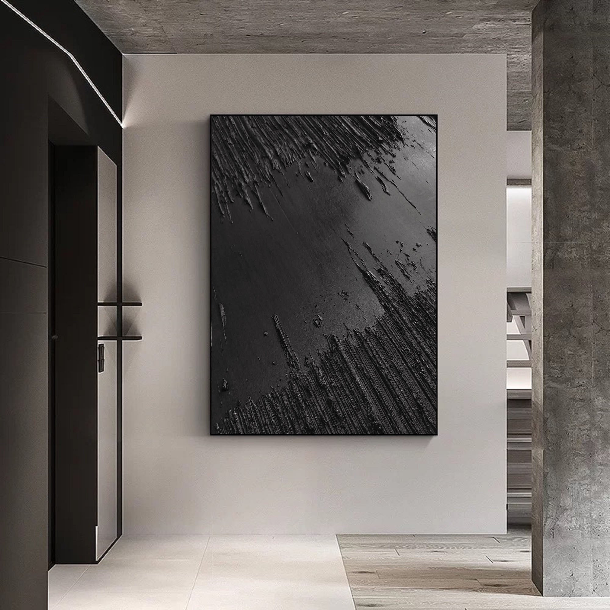Minimalist Black Textured Canvas Art - Monochrome Abstract Wall Decor