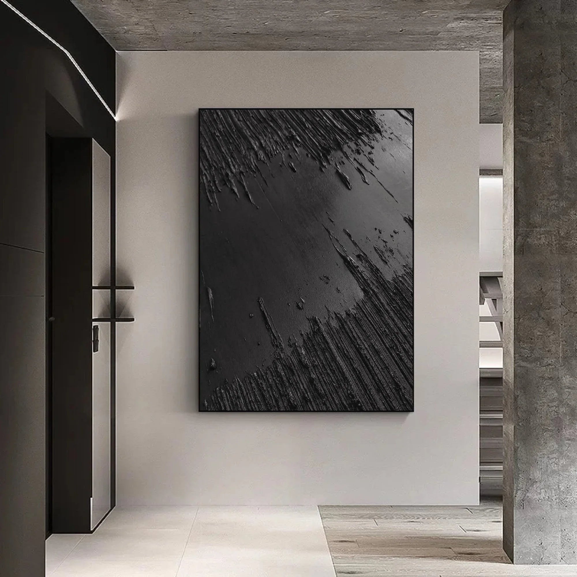 Minimalist Black Textured Canvas Art - Monochrome Abstract Wall Decor - artextured