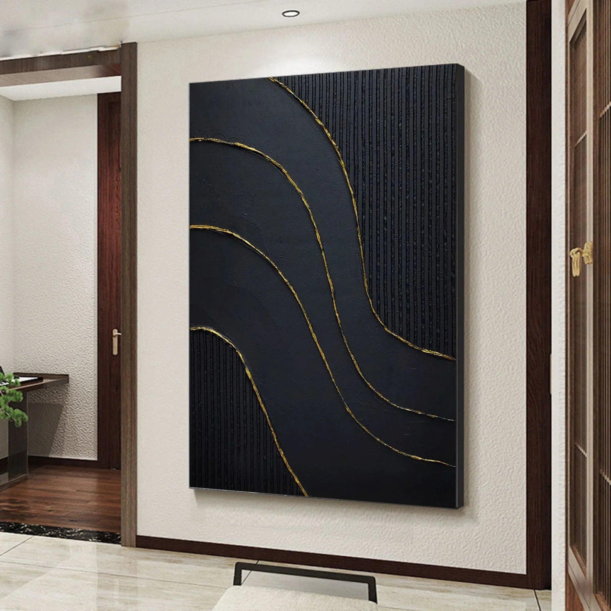 Golden Flow-Modern Minimalist Black and Gold Curved Texture Abstract Wall Art - artextured