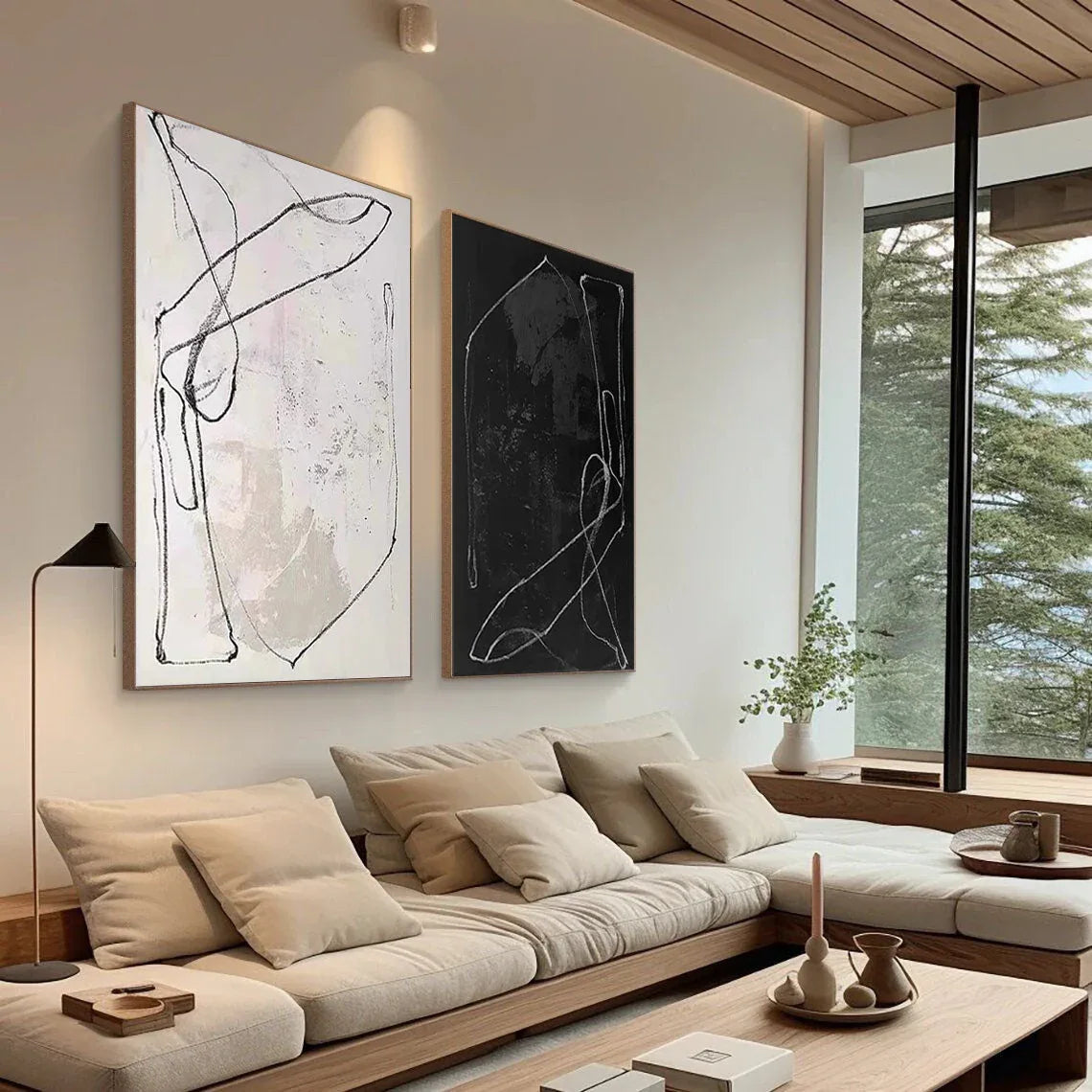 Monochrome Rhythm-Abstract Line Canvas Duo SET OF 2 - artextured