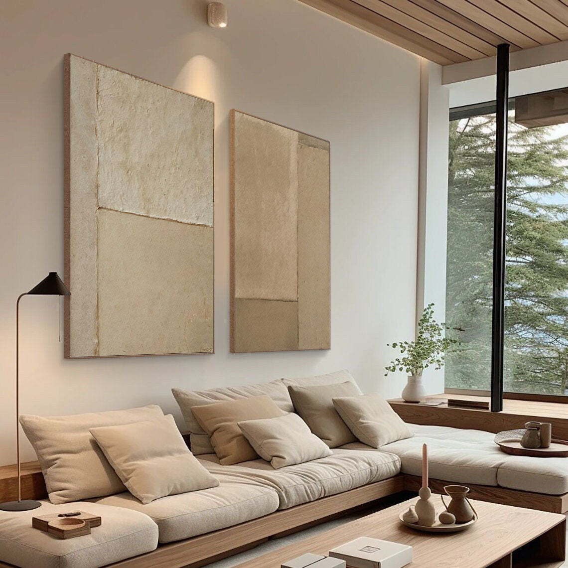 Earthy Simplicity-Brown Geometric Abstract Double Canvas Wall Art for Minimalist Decoration