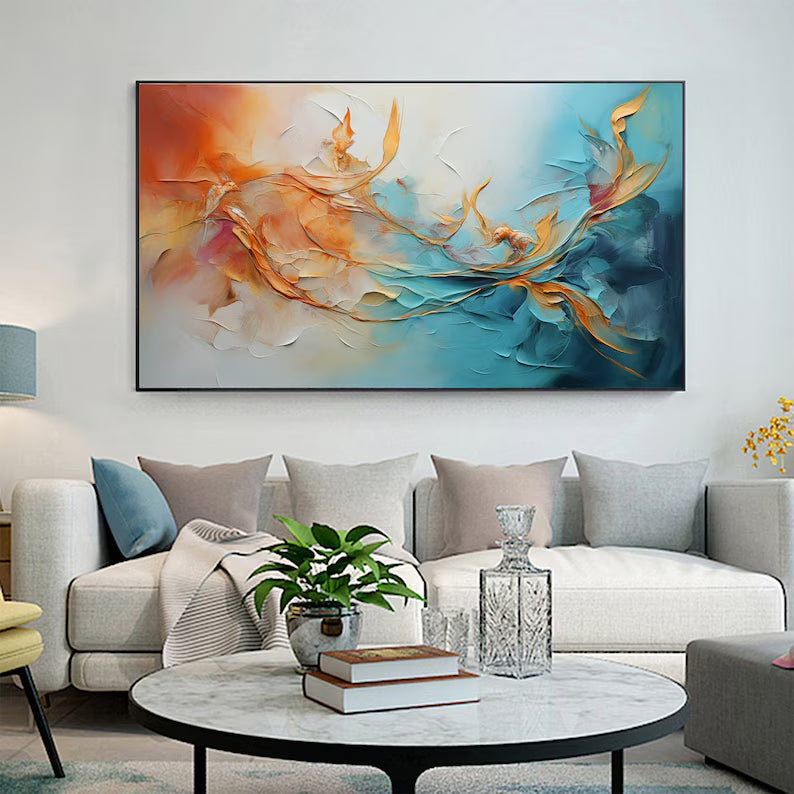 Dancing Currents – Textured Orange and Teal Abstract Wall Art