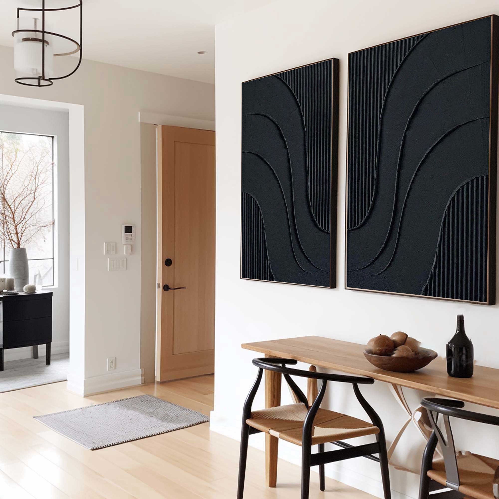 Midnight Flow- Abstract Black Textured Canvas Duo Set of 2