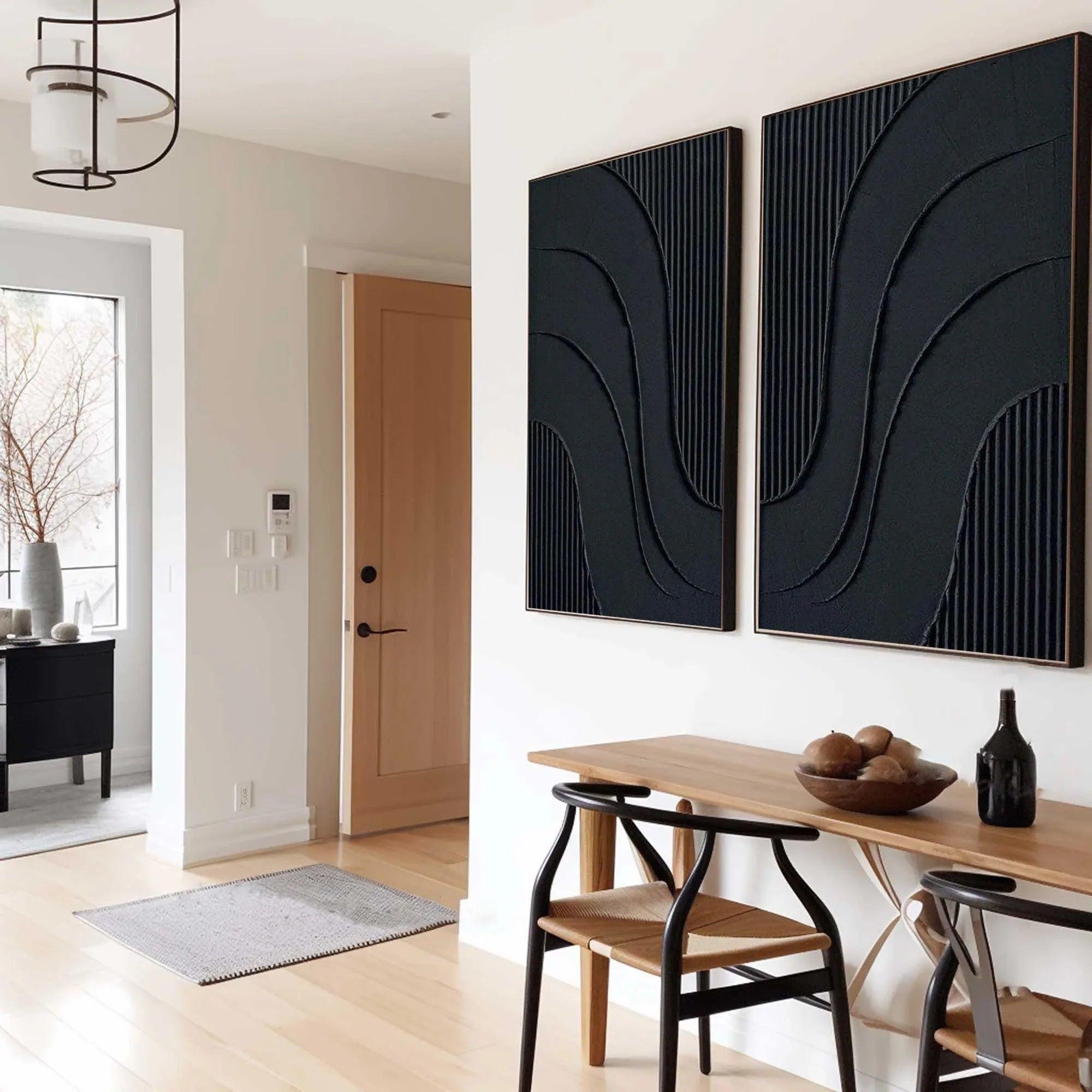 Midnight Flow- Abstract Black Textured Canvas Duo Set of 2 - artextured